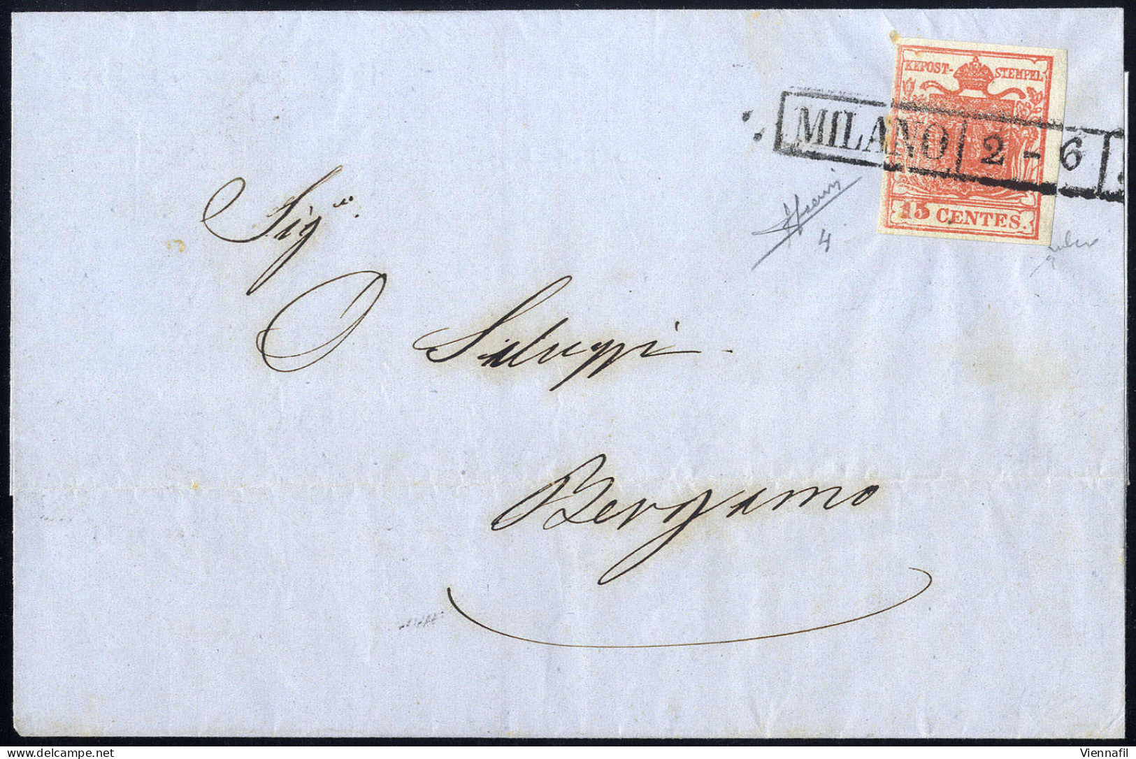 Cover 1850, 15 Cent. Rosso Vermiglio, Secondo Tipo, Su Lettera Da Milano, Firm. Sorani (Sass. 4) - Lombardy-Venetia