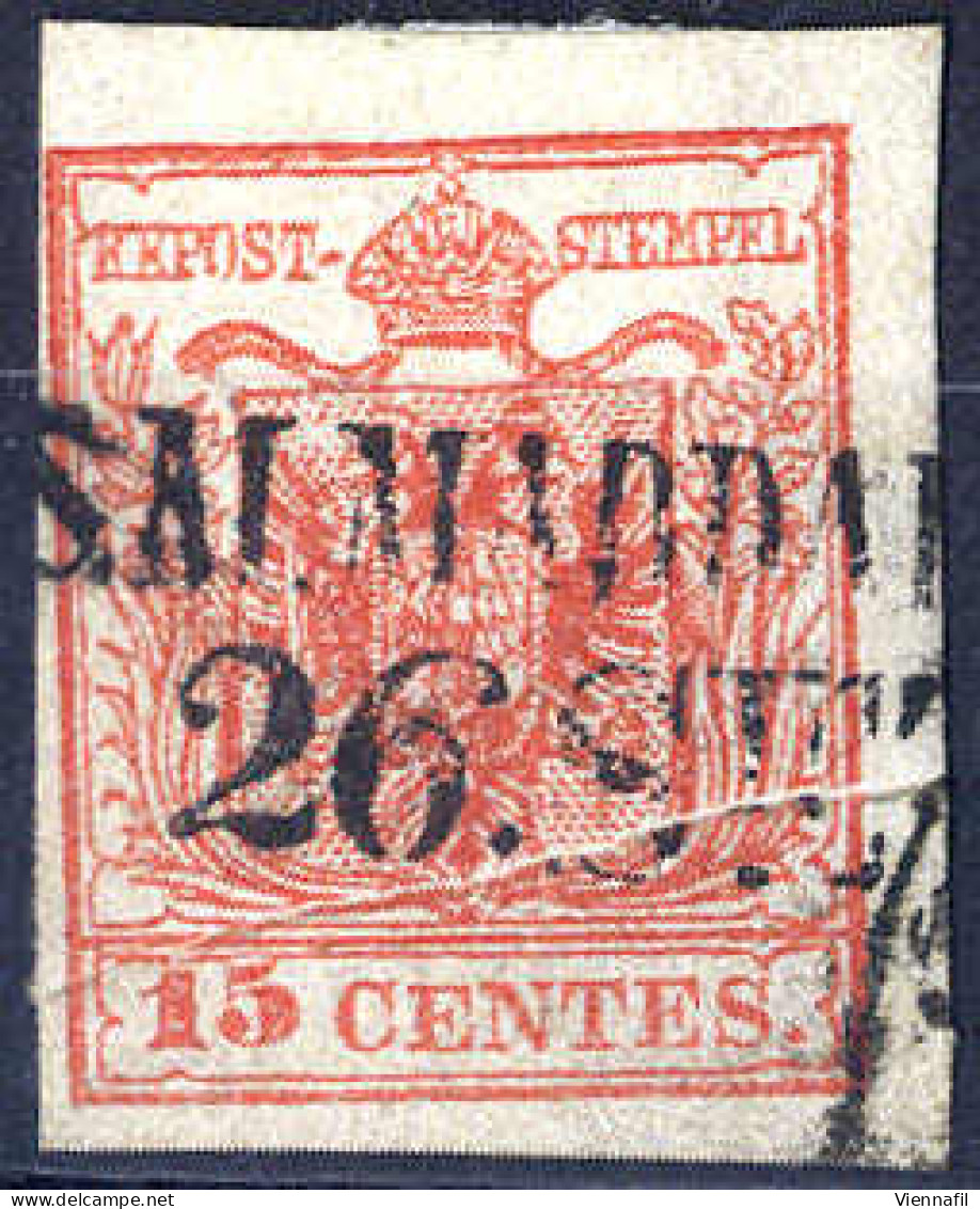 O 1854, "Pieghe Di Carta", 15 Cent. Rosso Vermiglio, Usato (Sass. 4) - Lombardy-Venetia