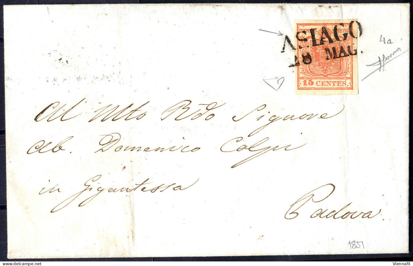 Cover 1854, "Pieghe Di Carta", 15 Cent. Rosso Vermiglio Chiaro, Piega Diagonale, Su Lettera Da Asiago 28.5.1851 Per Pado - Lombardo-Veneto