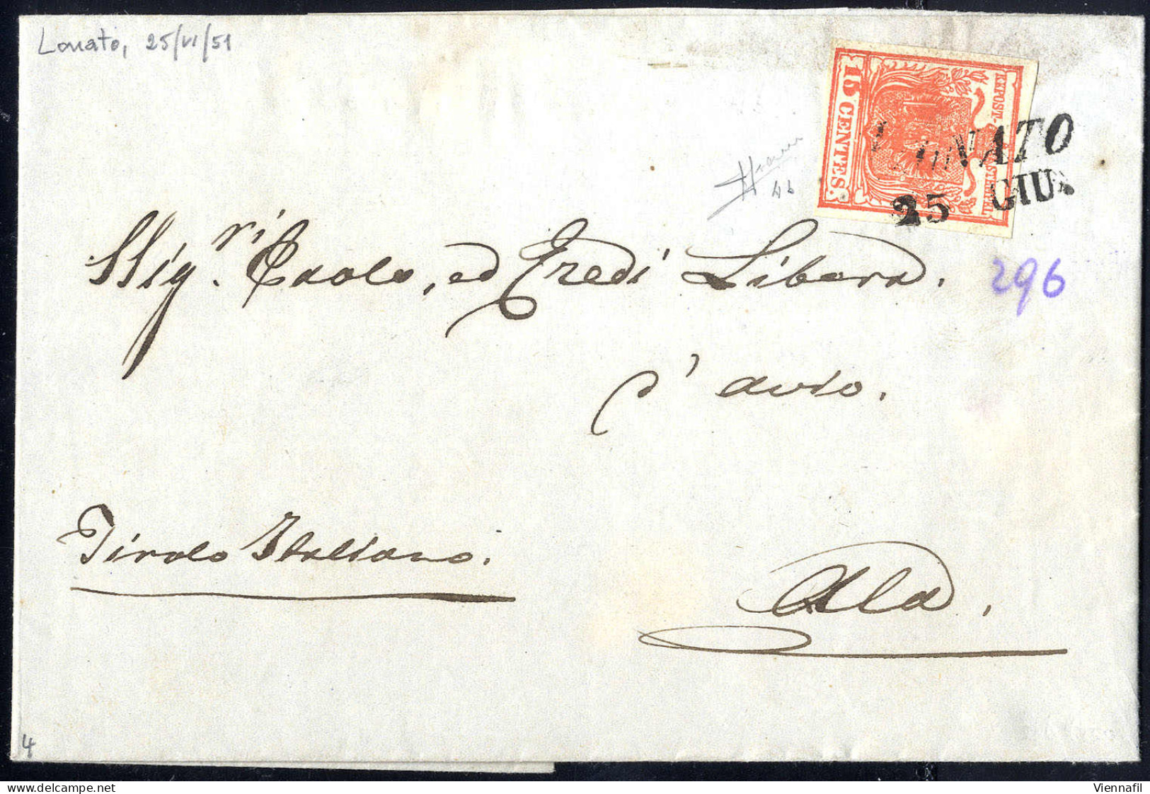 Cover 1850, 15 Cent. Rosso Vermiglio Intenso Su Lettera Da Lonato, Firm. Sorani (Sass. 4b) - Lombardije-Venetië
