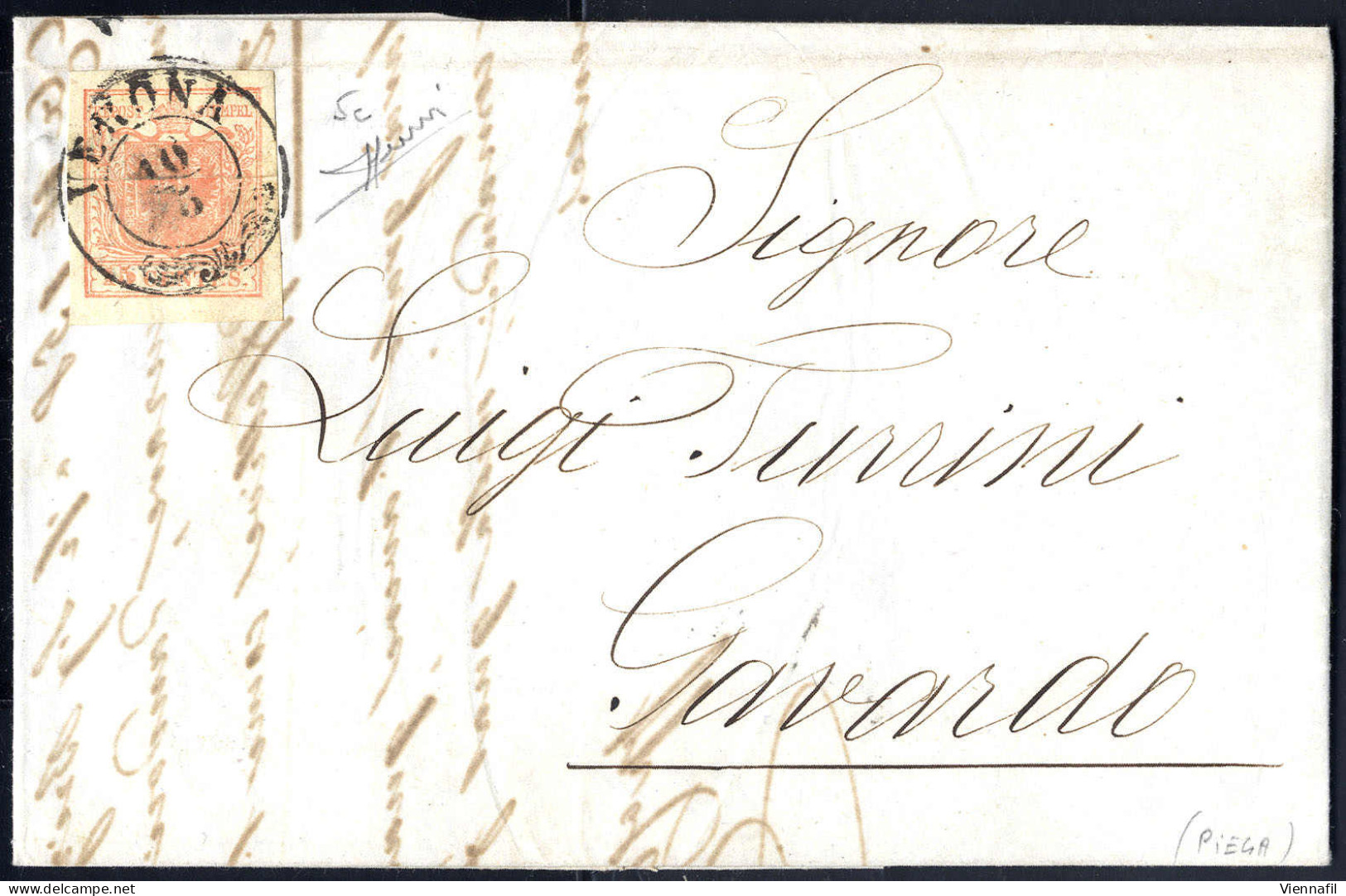 Cover 1850, "Pieghe Di Carta", 15 Cent. Con Piega Orizzontale Su Lettera Da Verona Per Gavardo, Firm. Sorani (Sass. 5c) - Lombardy-Venetia