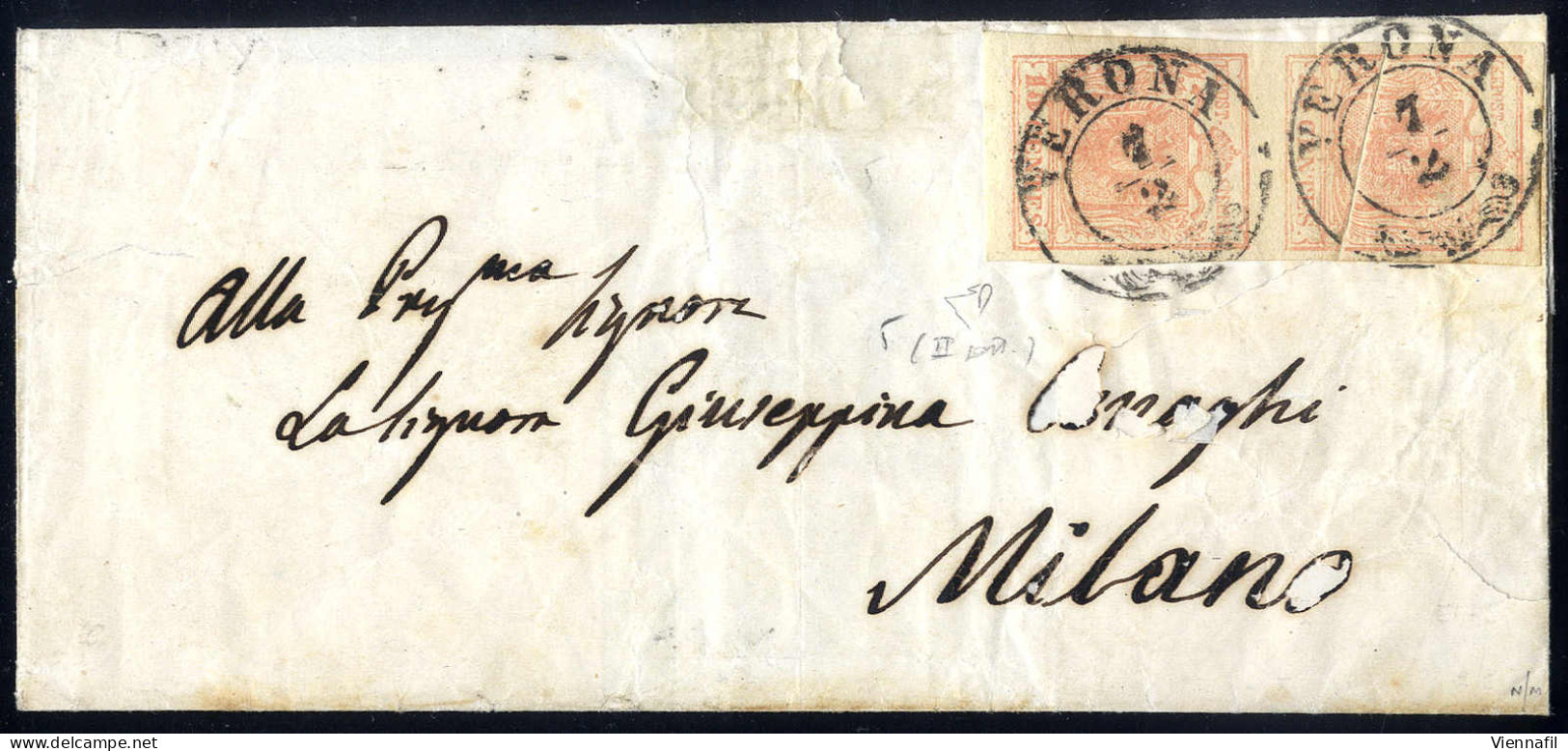 Cover 1850, "Pieghe Di Carta", 15 Cent. Rosa, Coppia Vertcale Con L' Esemplare Con Piega Di Carta Su Lettera Da Verona 7 - Lombardije-Venetië