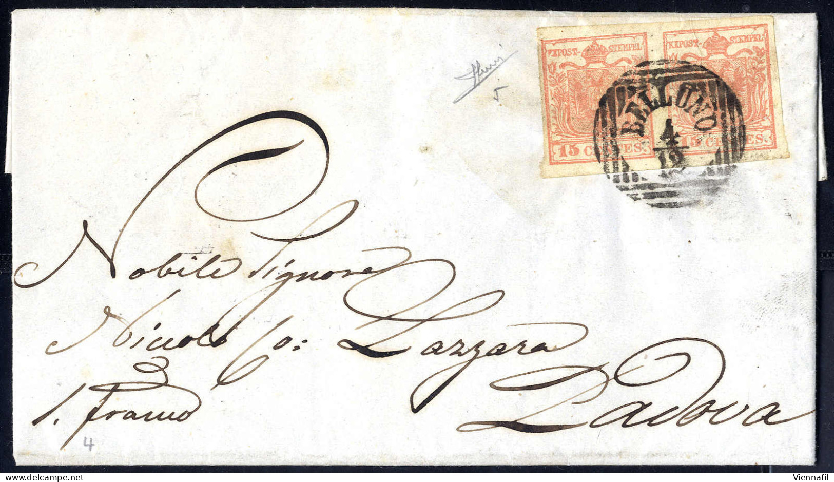 Cover 1850, 15 Cent. Rosa, Secondo Tipo, Coppia Su Lettera Da Belluno, Firm. Sorani (Sass. 5 - ANK 3HII) - Lombardo-Veneto