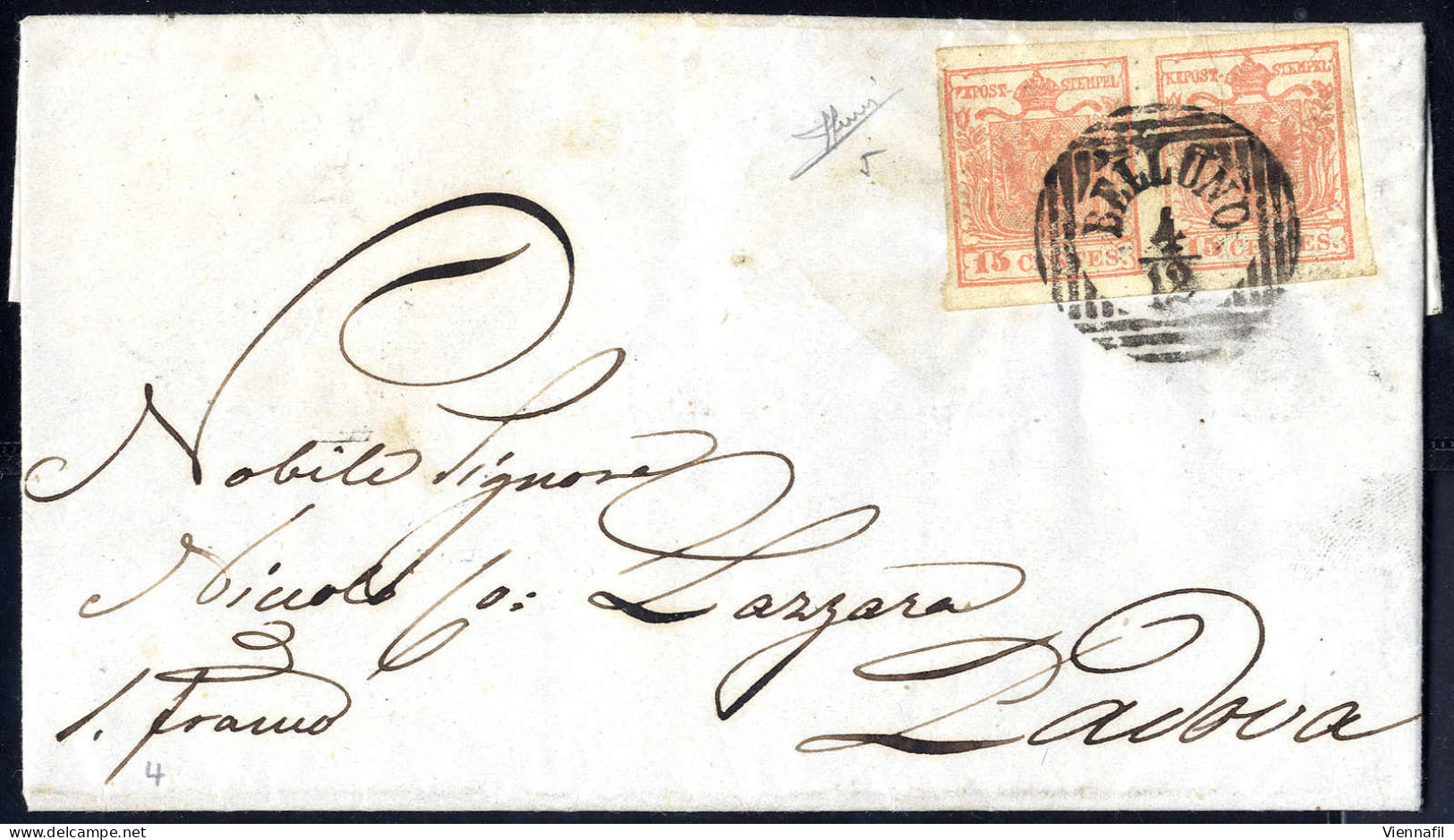 Cover 1850, 15 Cent. Rosa, Secondo Tipo, Coppia Su Lettera Da Belluno, Firm. Sorani (Sass. 5 - ANK 3HII) - Lombardy-Venetia