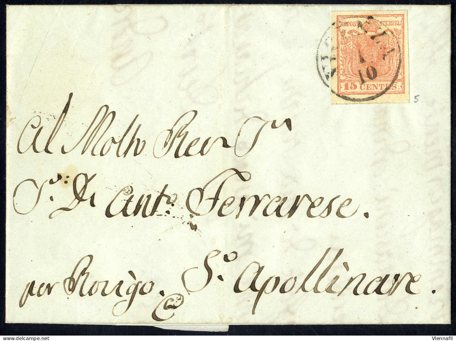 Cover 1850, 15 Cent. Rosa. Secondo Tipo Su Lettera Da Vicenza (Sass. 5 - ANK 3HII) - Lombardo-Veneto