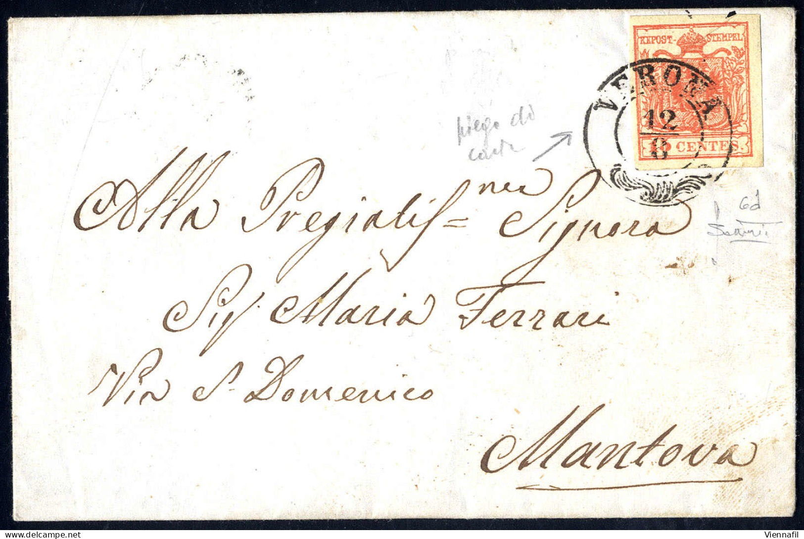 Cover 1850, "Pieghe Di Carta", 15 Cent. Rosso Salmone, Terzo Tipo, Piega Diagonale Su Lettera Da Verona 12.8.1853 Per Ma - Lombardije-Venetië