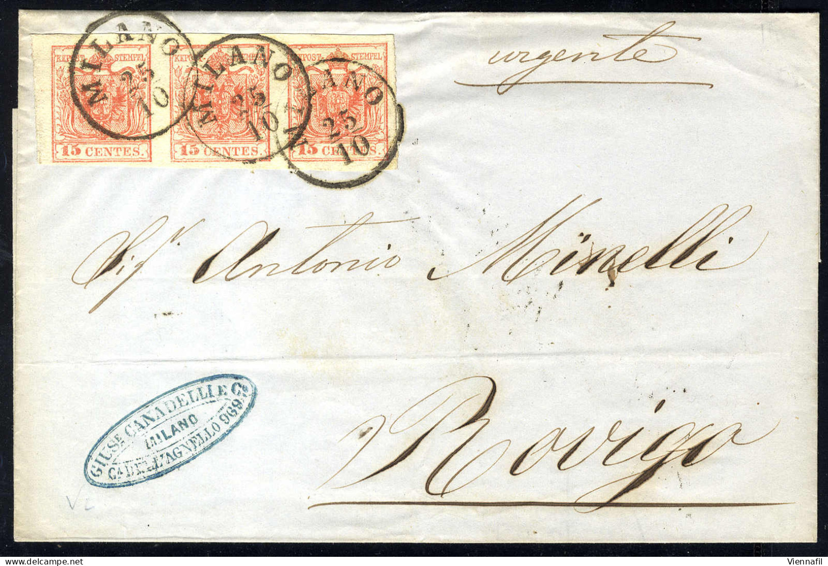 Cover 1850, 15 Cent. Rosso, Terzo Tipo, Striscia Di Tre Su Lettera Da Milano (Sass. 6 - ANK 3HIII) - Lombardije-Venetië