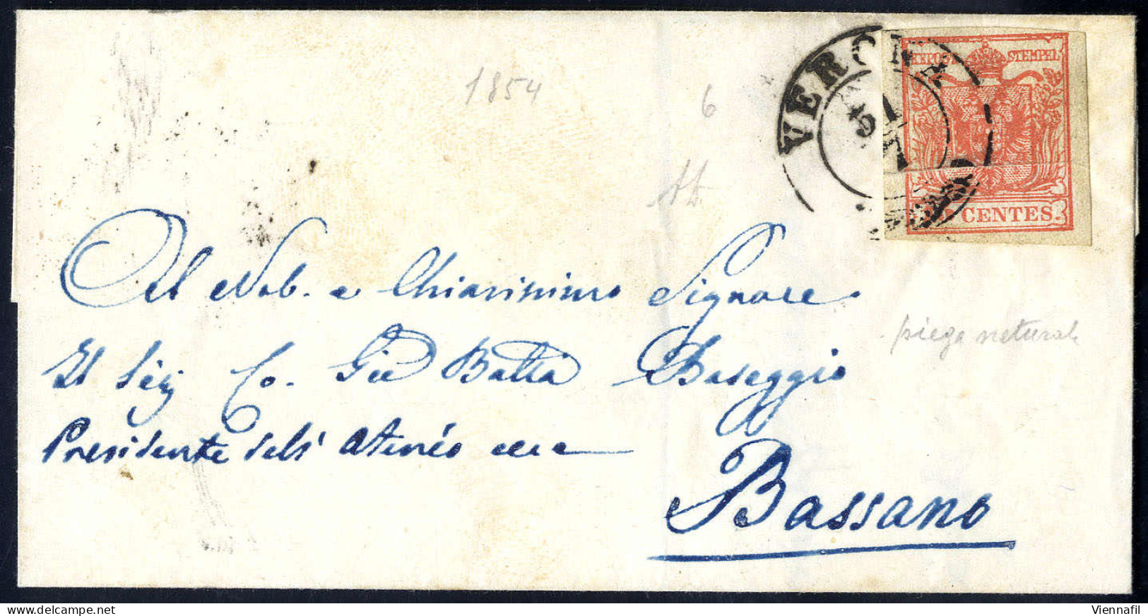 Cover 1854, "Pieghe Di Carta", 15 Cent. Rosso, Piega Orizzontale A Soffietto, Su Lettera Da Verona 31.7.1854 Per Bassano - Lombardo-Venetien