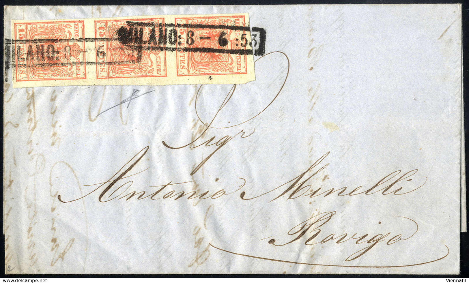 Cover 1850, 15 Cent. Rosso Chiaro, Terzo Tipo, Striscia Di Tre Su Lettera Da Milano, Cert. E. Diena (Sass. 6 - ANK 3HIII - Lombardije-Venetië