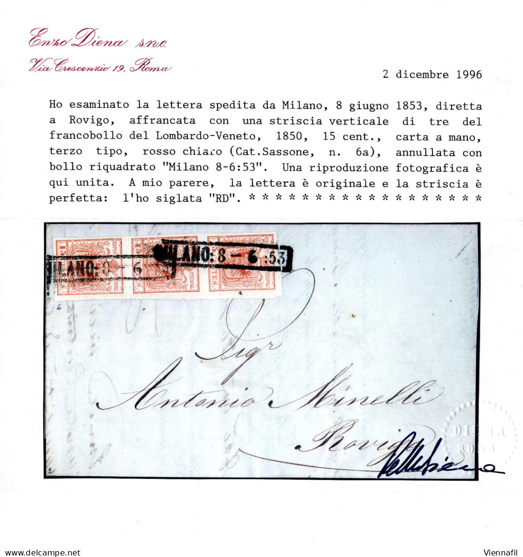 Cover 1850, 15 Cent. Rosso Chiaro, Terzo Tipo, Striscia Di Tre Su Lettera Da Milano, Cert. E. Diena (Sass. 6 - ANK 3HIII - Lombardije-Venetië