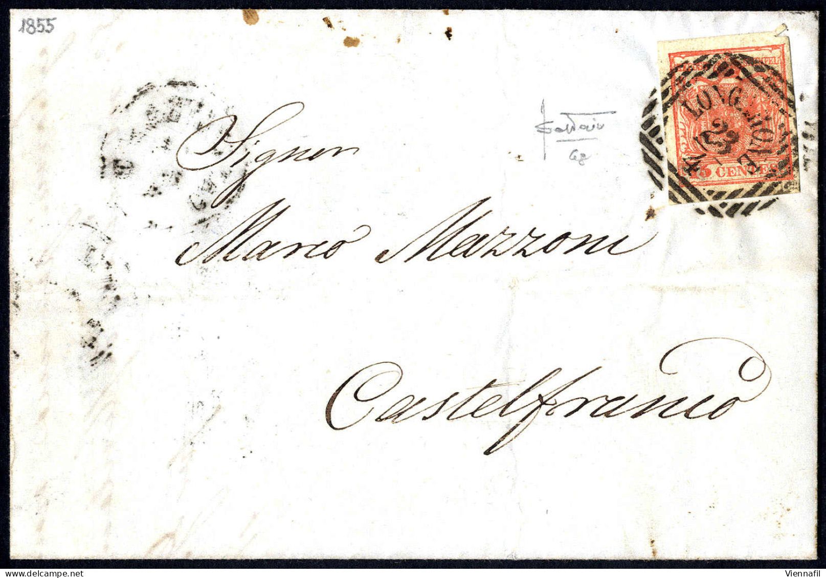 Cover 1850, 15 Cent. Rosso Salmone Intenso - Stampa Molto Confusa, Isolato Su Lettera Da Longarone 23.4.1855 Per Castelf - Lombardy-Venetia