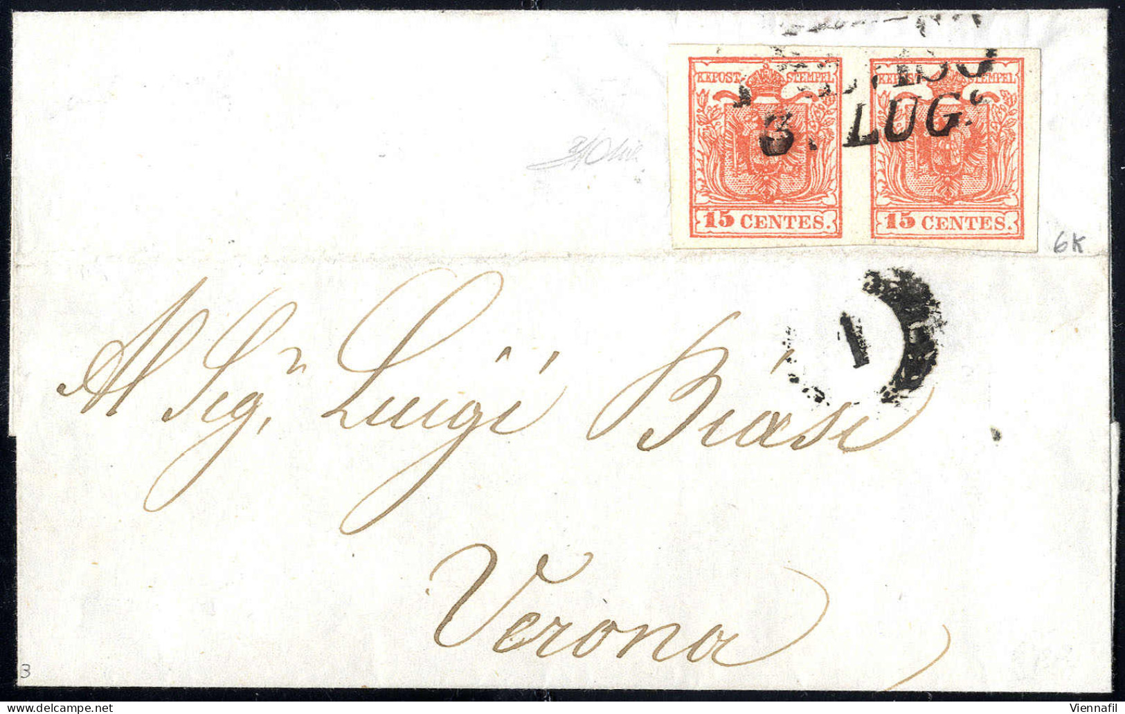 Cover 1850, 15 Cent. Rosso Carminio Vivo, Carta A Mano, Coppia Su Lettera Da Treviso 3.7.1854 Per Verona, Non Comune, Fi - Lombardije-Venetië