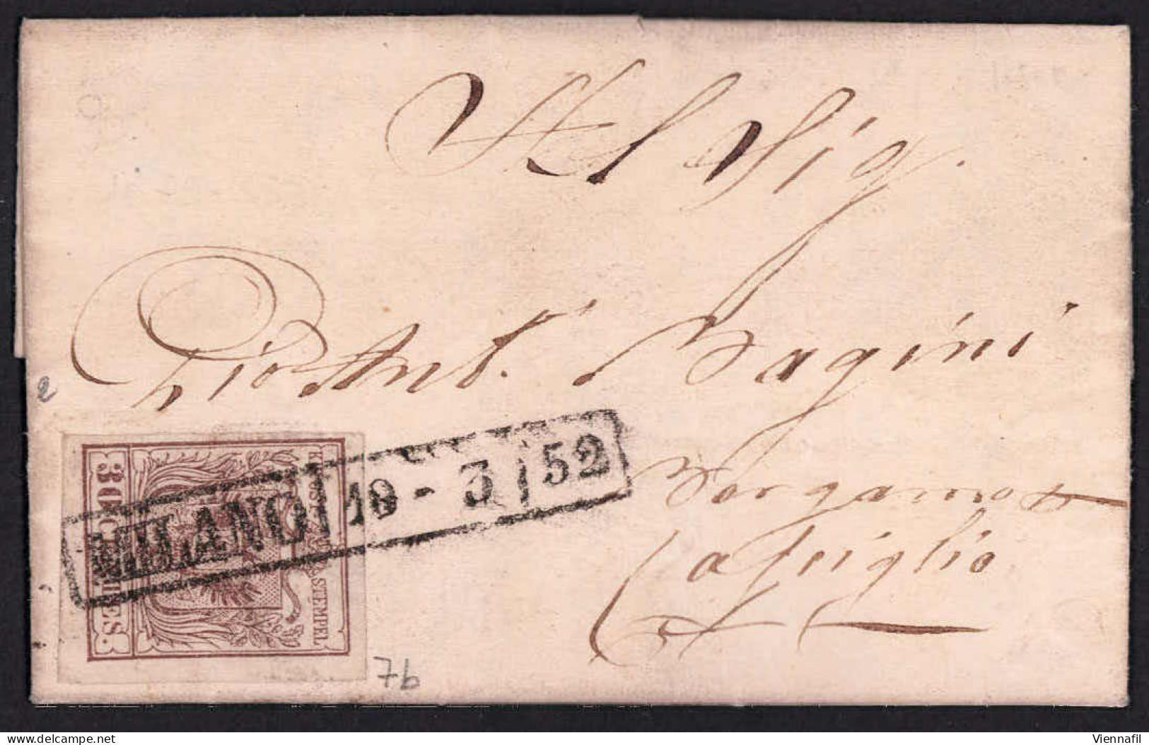 Cover 1850, 30 Cent. Bruno, Prima Tiratura, Su Lettera Da Milano (Sass. 7b - ANK 4HI Erstdruck) - Lombardije-Venetië