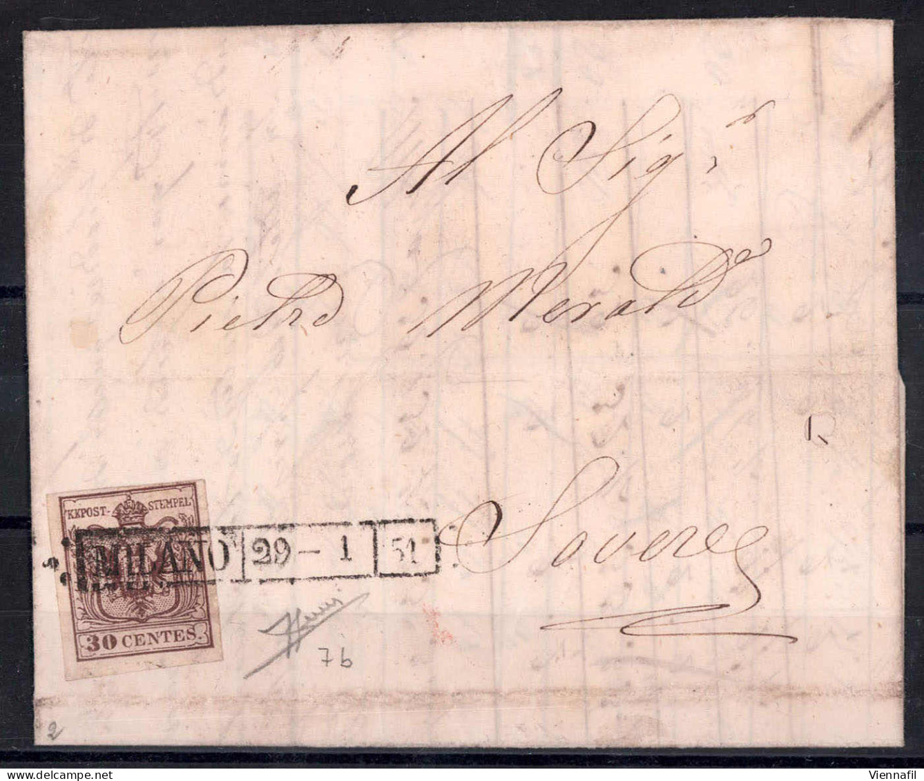 Cover 1850, 30 Cent. Bruno, Prima Tiratura, Su Lettera Da Milano, Firm. Sorani (Sass. 7b - ANK 4HI Erstdruck) - Lombardy-Venetia