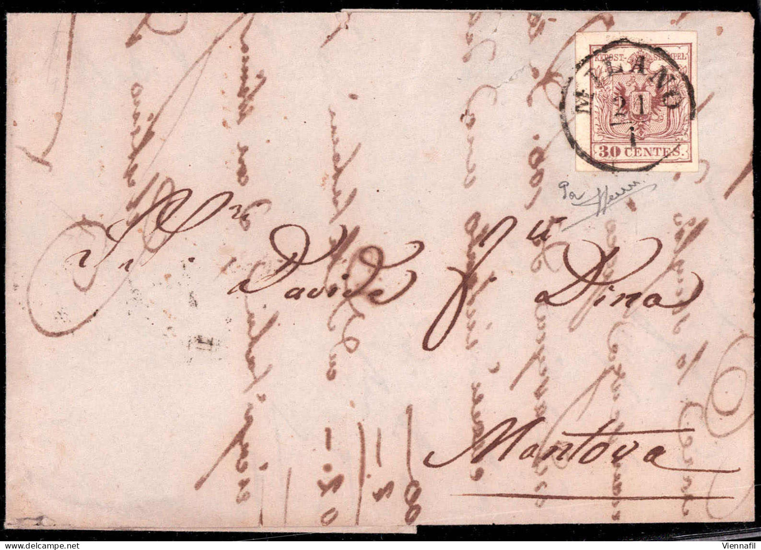 Cover 1850, 30 Cent. Bruno Lillaceo Chiaro Su Lettera Da Milano (Sass. 9a - ANK 4HIII) - Lombardy-Venetia