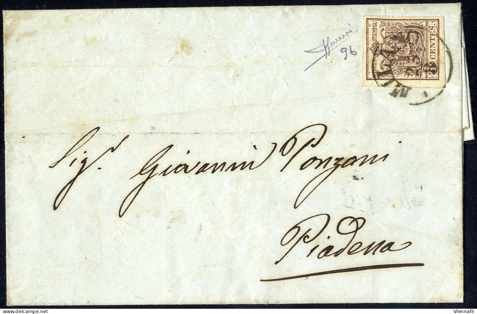 Cover 1850, 30 Cent. Bruno Cioccolato Su Lettera Da Milano, Firm. Sorani (Sass. 9b - ANK 4HIII) - Lombardo-Venetien