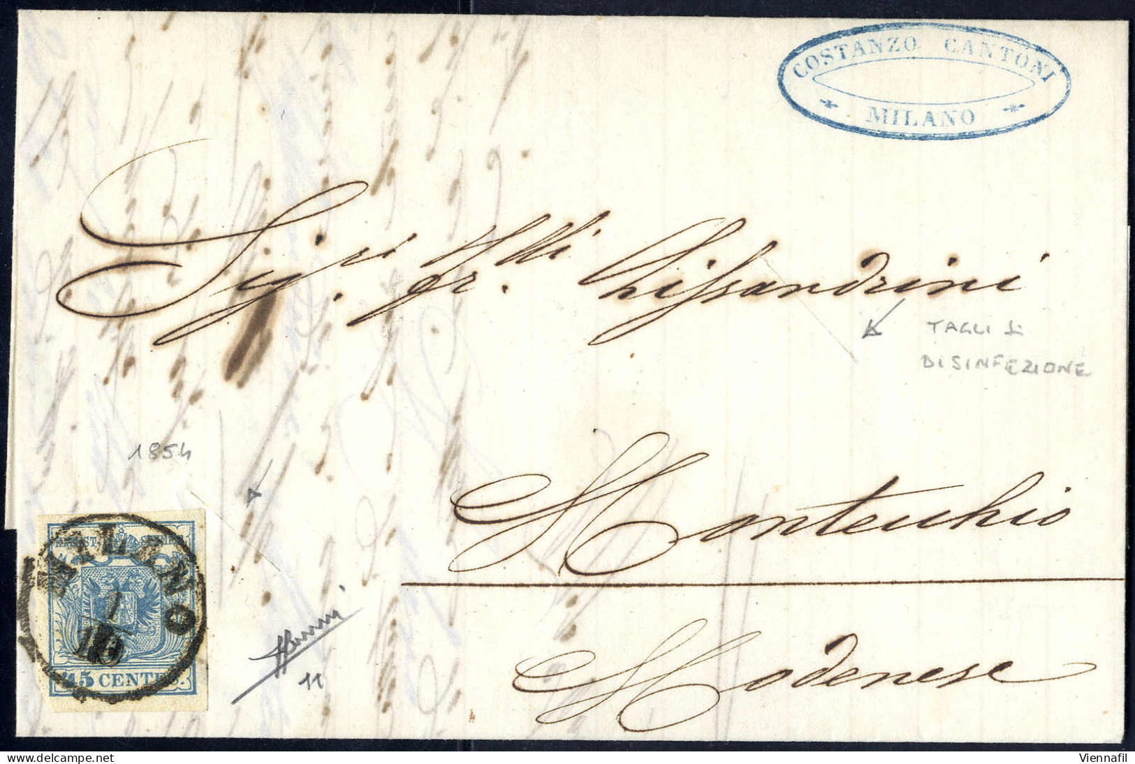 Cover 1850, Lettera Della Terza Distanza Per L' Estero Da Milano Per Montecchio Modenese Affrancata Con Sass. 11, Tagli  - Lombardo-Vénétie