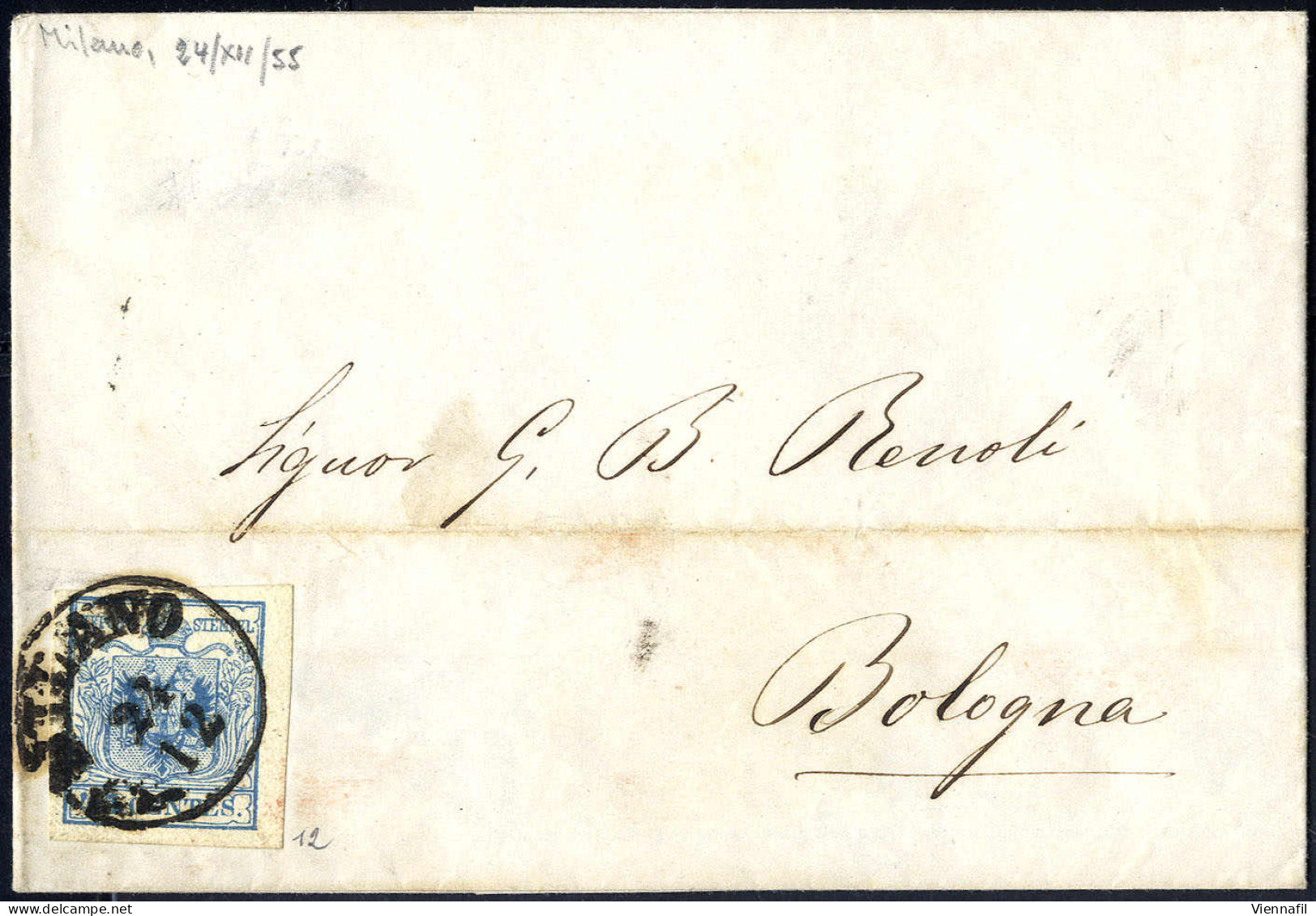 Cover 1850, Lettera Della Terza Distanza Per L' Estero, Da Milano 24.12.1855 Per Bologna (Sass. 12) - Lombardo-Vénétie