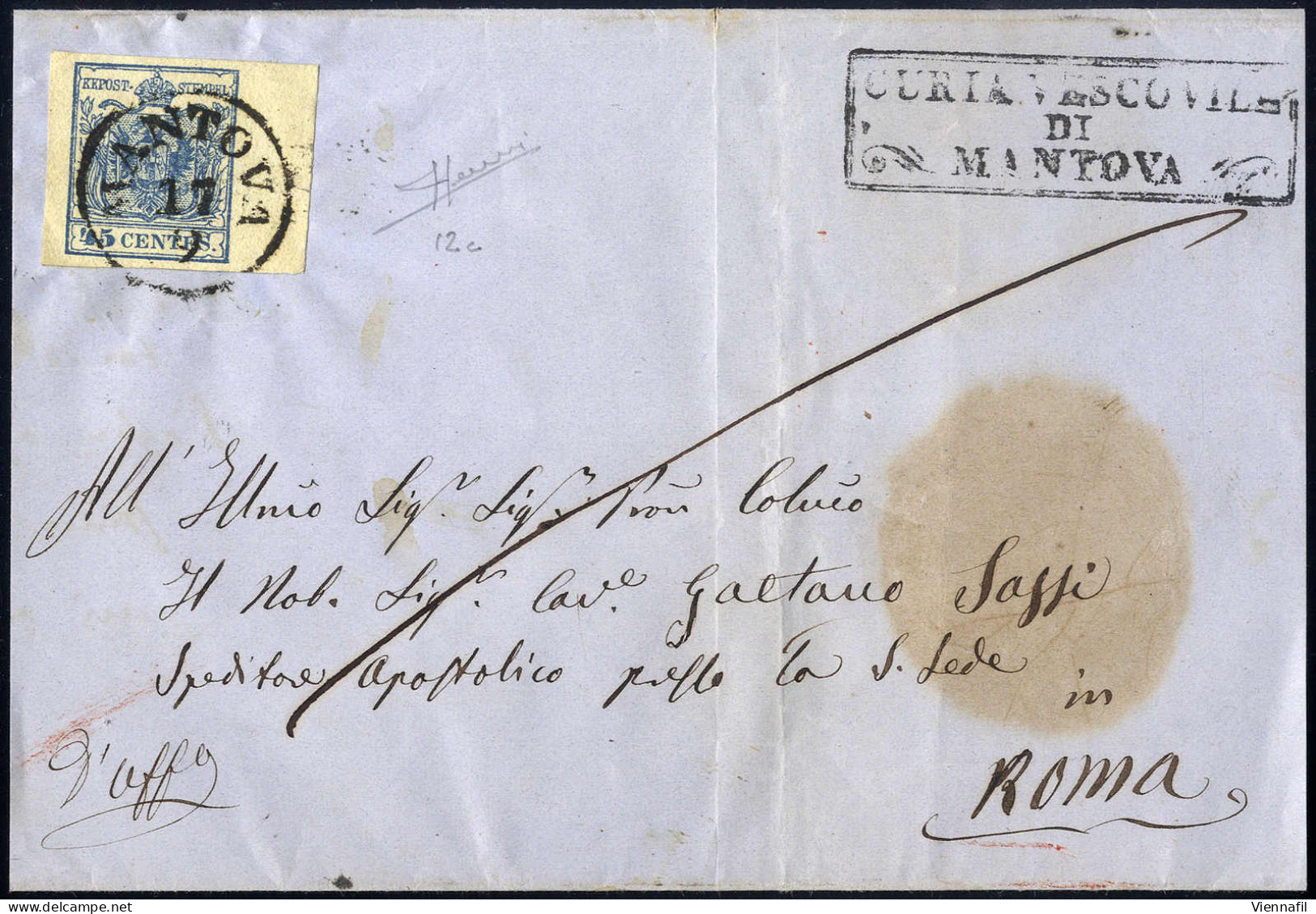 Cover 1850, 45 Cent. Azzurro Oltremare, Carta A Mano, Ampio Bordo Di Foglio A Destra, Su Lettera Da Mantova 17.9.1856 Pe - Lombardo-Vénétie