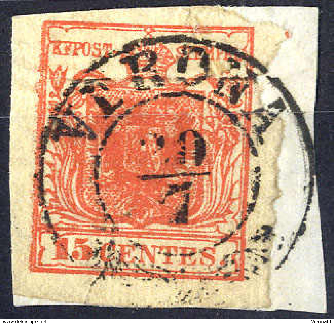 Piece 1854, "Pieghe Di Carta", 15 Cent. Rosso Vermiglio, "carta Costolata", Usato (Sass. 14) - Lombardy-Venetia