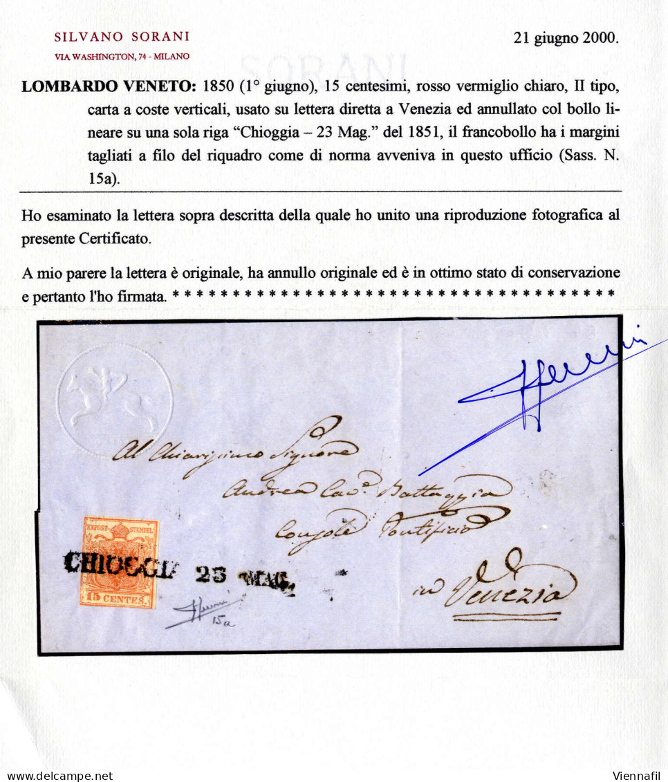 Cover 1851, "Carta Costolata", 15 Cent, Rosso Vermiglio Chiaro, Secondo Tipo, Su Lettera Da Chioggia 23.5.1851 Per Venez - Lombardy-Venetia