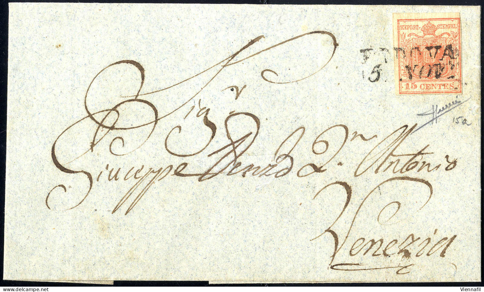 Cover 1851, "Carta Costolata", 15 Cent. Rosso Vermiglio Chiaro, Secondo Tipo, Su Lettera Da Padova, Cert. Sorani (Sass.  - Lombardo-Vénétie