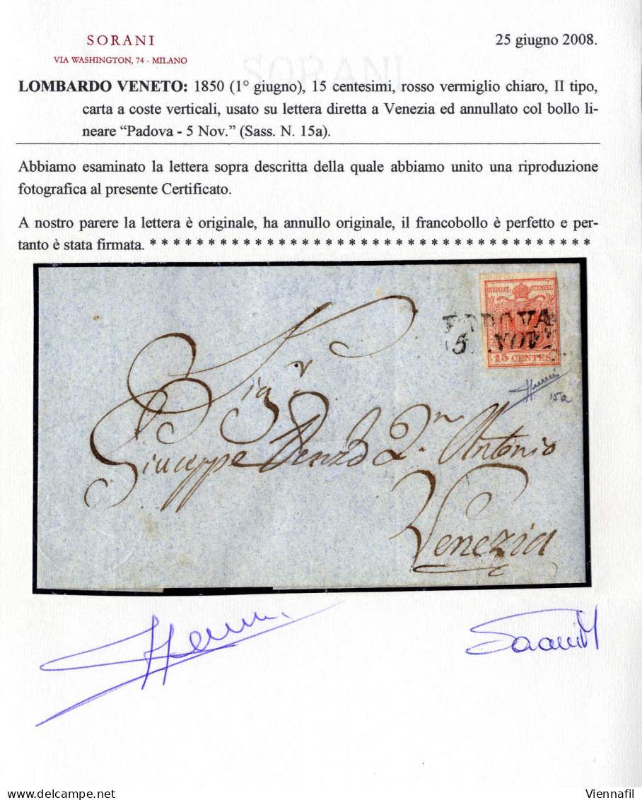 Cover 1851, "Carta Costolata", 15 Cent. Rosso Vermiglio Chiaro, Secondo Tipo, Su Lettera Da Padova, Cert. Sorani (Sass.  - Lombardy-Venetia