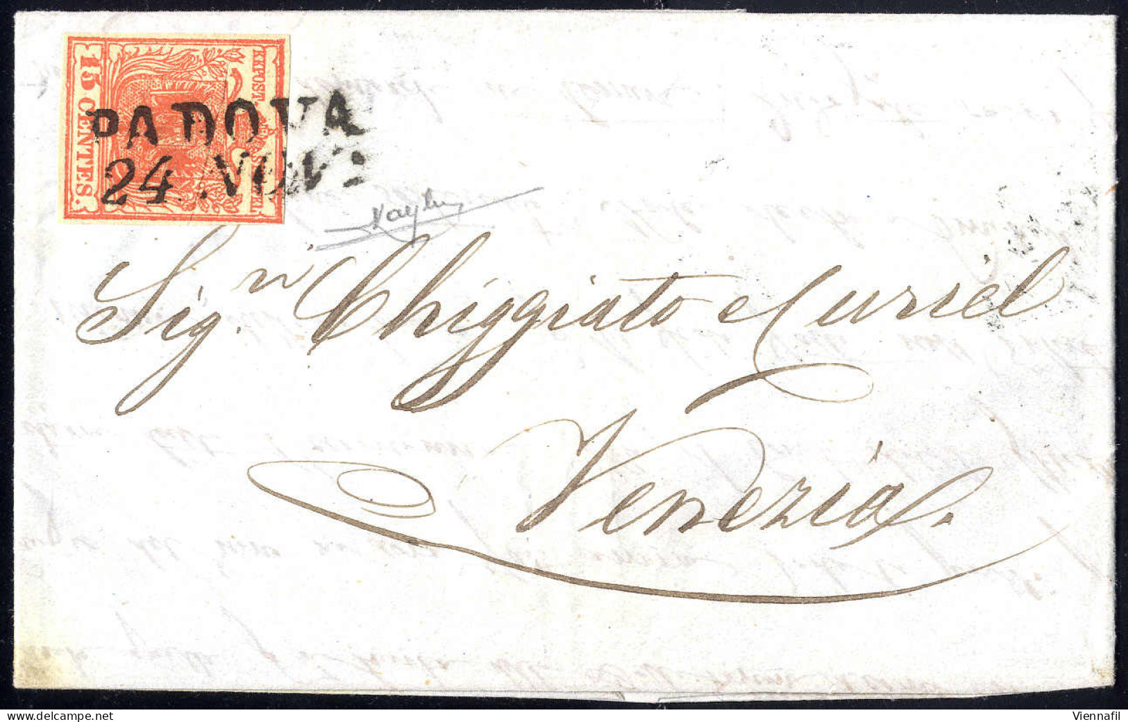 Cover 1851, "Carta Costolata", 15 Cent, Rosso Vermiglio, Secondo Tipo, Su Lettera Da Padova 24.11.1851 Per Venezia, Cert - Lombardy-Venetia