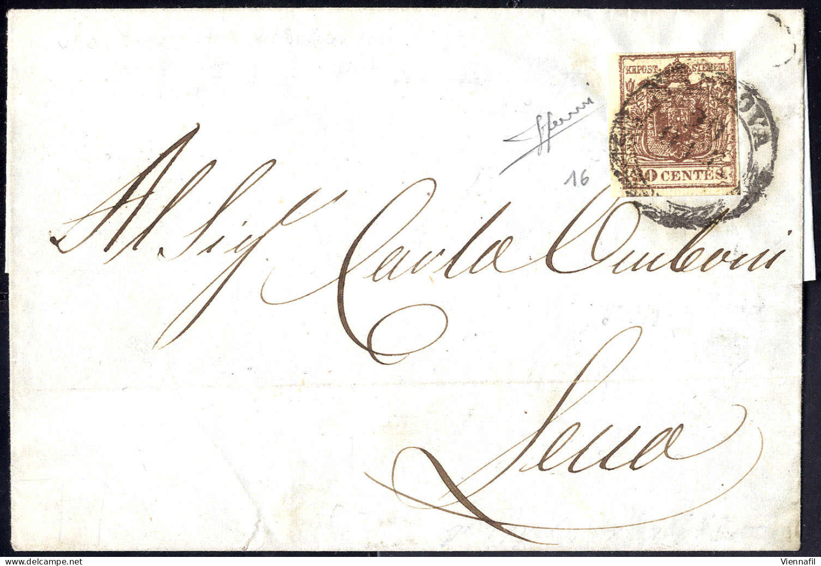 Cover 1851, "Carta Costolata", 30 Cent. Bruno Rossastro Su Lettera Da Mantova, Firm. Sorani (Sass. 16) - Lombardo-Venetien