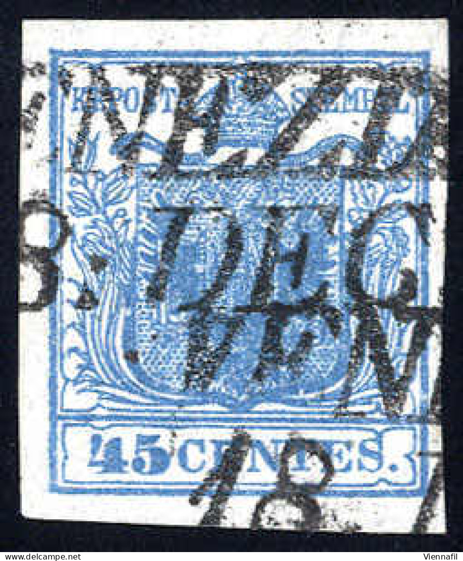 O 1851, Carta Costolata, 45 Cent. Azzurro Scuro, Leggera Costolatura, Firm. Colla E Ferchenbauer (S. 17a) - Lombardy-Venetia