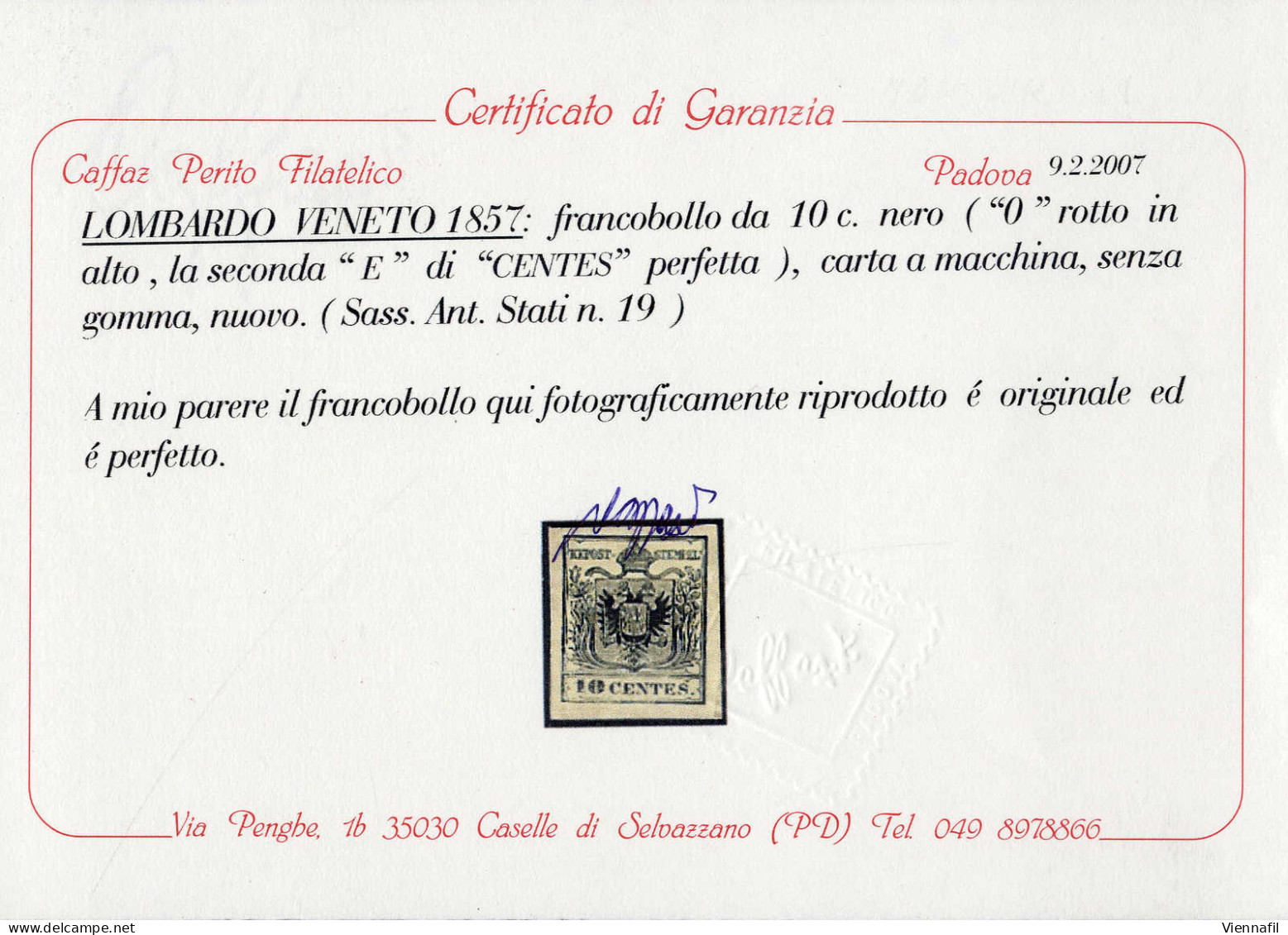 (*) 1854, 10 Cent. Nero, Carta A Macchina, Nuovo Senza Gomma, Ben Marginato, Cert. Caffaz (Sass. 19 / 6250,-) - Lombardo-Vénétie