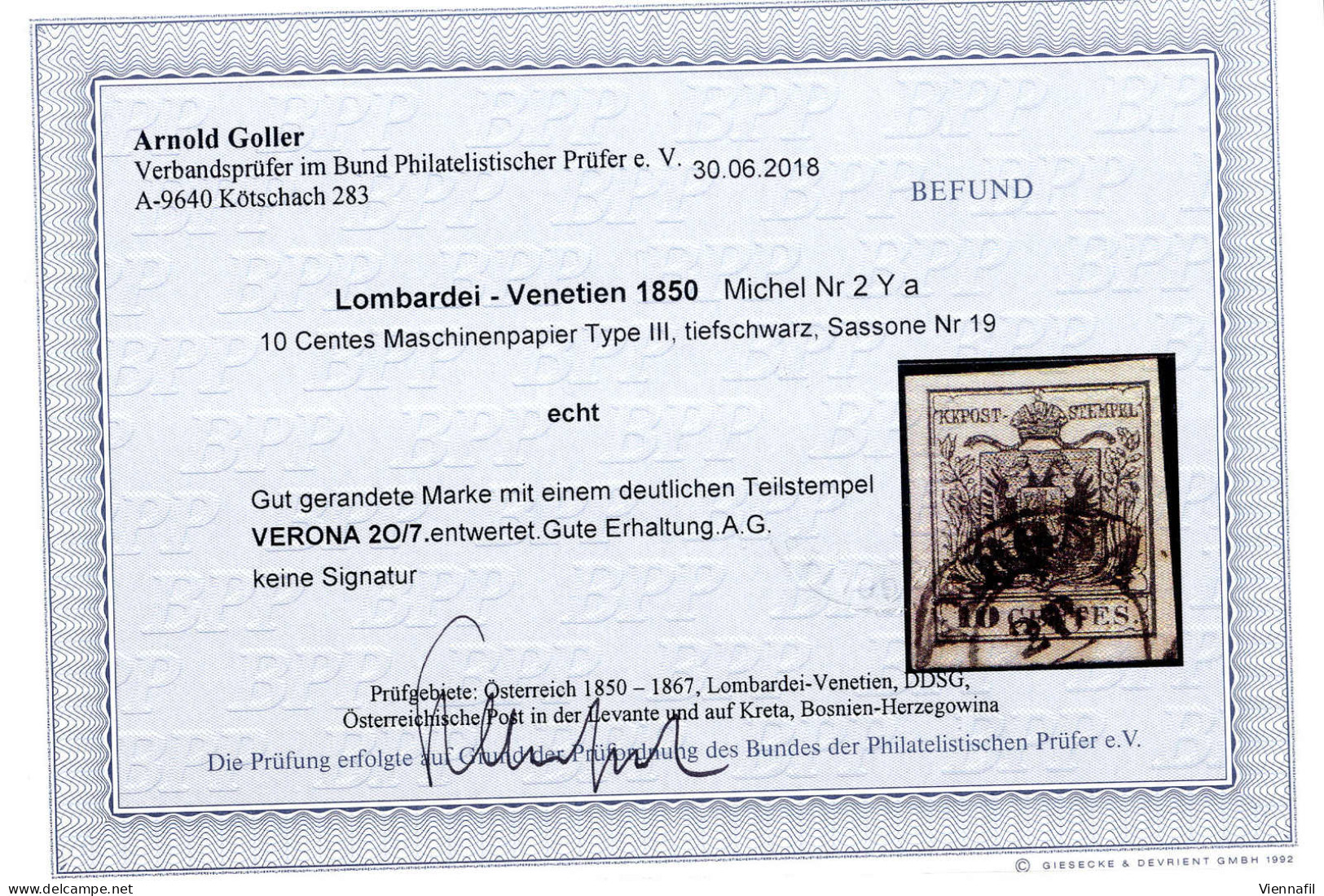 O 1854, 10 Cent. Nero, Carta A Macchina, Usato, Cert. Goller (Sass. 19 / 800,-) - Lombardo-Vénétie