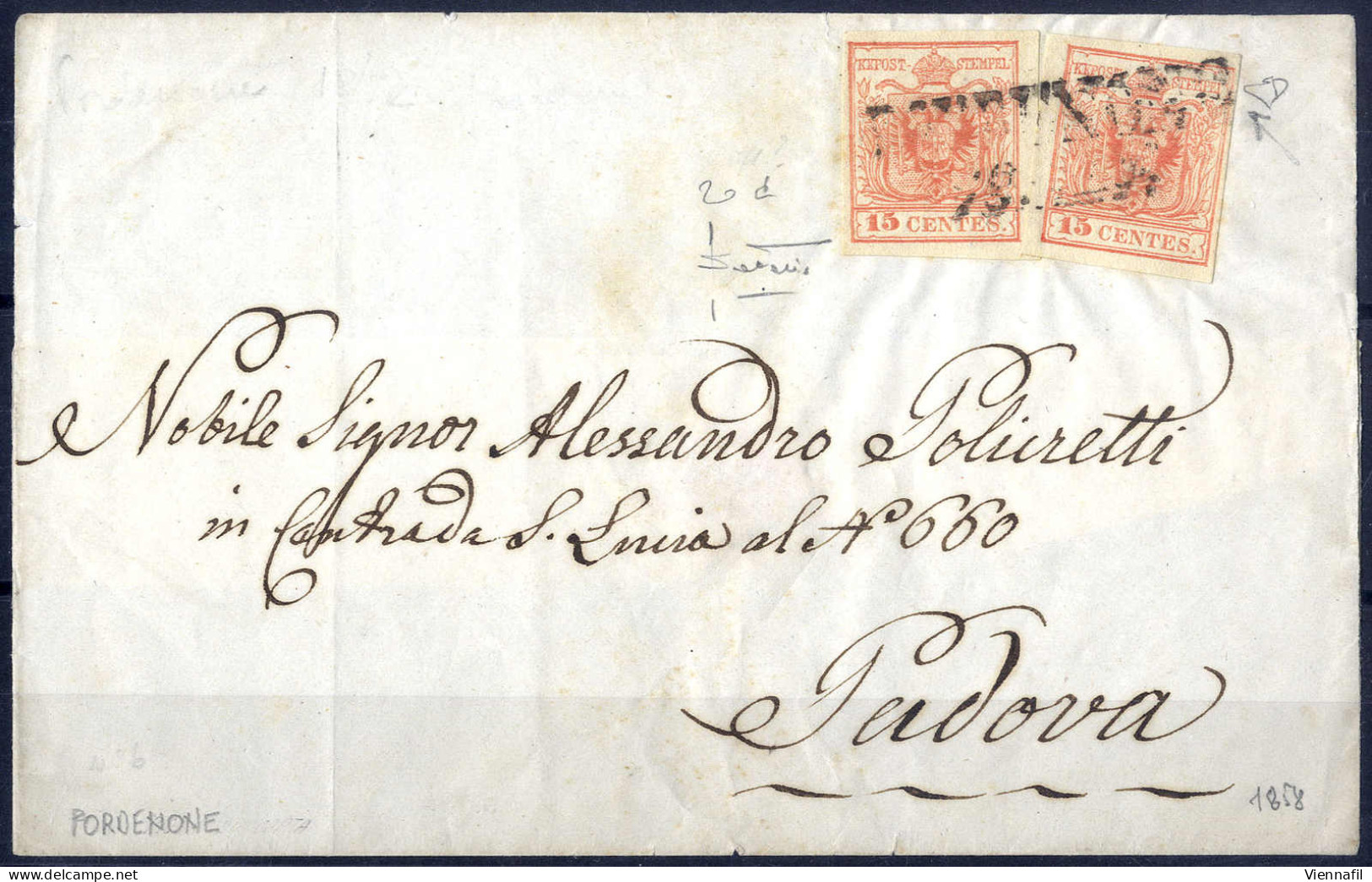 Cover 1854, "Pieghe Di Carta", 15 Cent. Rosa Salmone, Due Esemplari Di Cui Il Secondo Esemplare Con Piega Naturale, Su L - Lombardo-Venetien