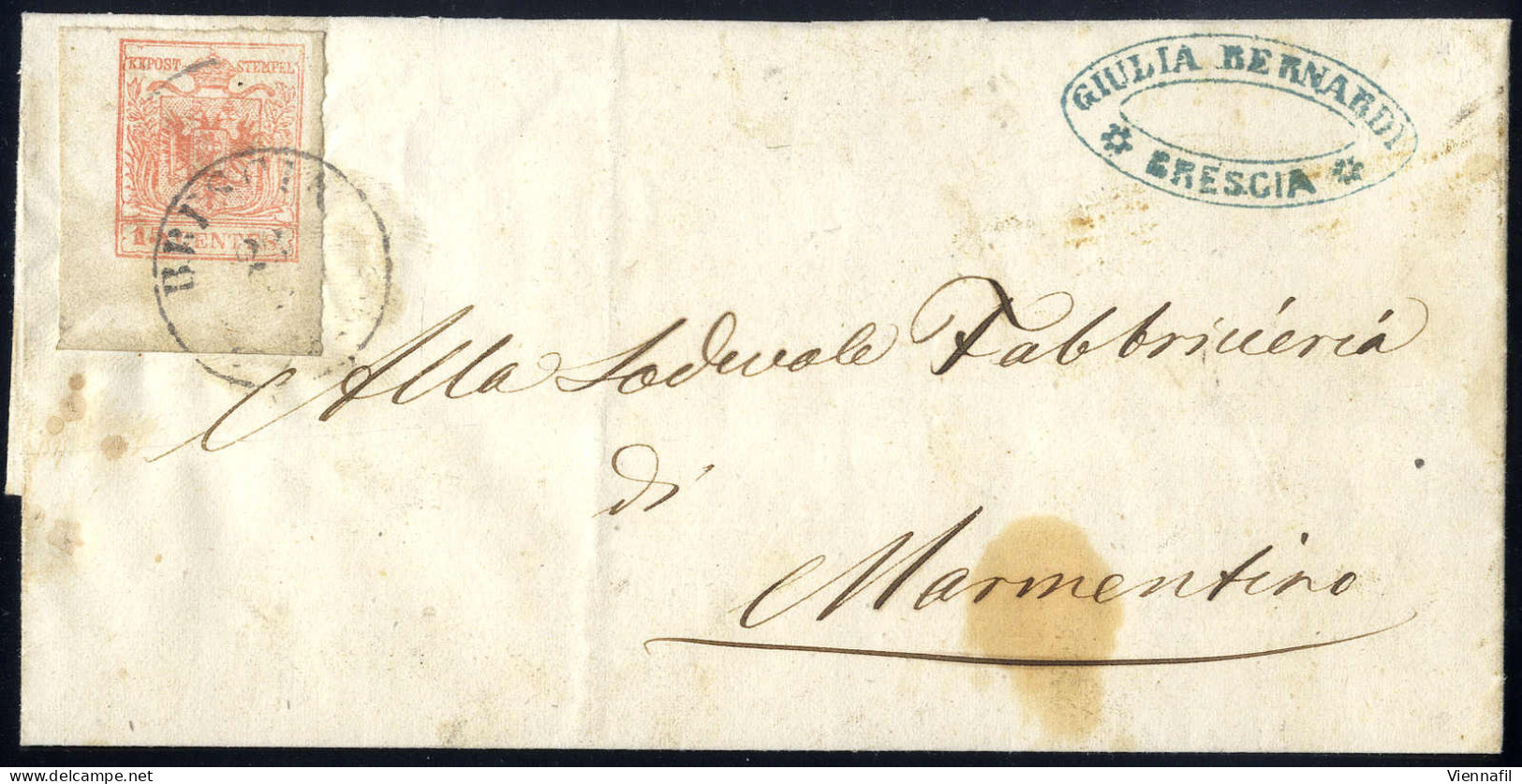 Cover 1854, 15 Cent. Rosso Vermiglio, Carta A Macchina, Angolo Di Foglio, Su Lettera Da Brescia Per Mormentino (Sass. 20 - Lombardy-Venetia