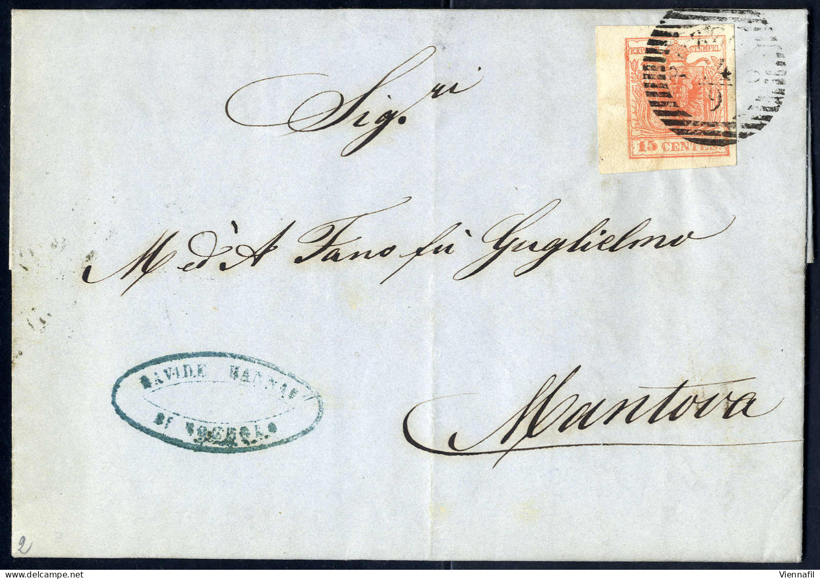 Cover 1854, 15 Cent. Rosso Vermiglio, Carta A Macchina, Bordo Di Foglio A Sinistra, Su Lettera Da Bozzolo (Sass. 20 - AN - Lombardo-Vénétie