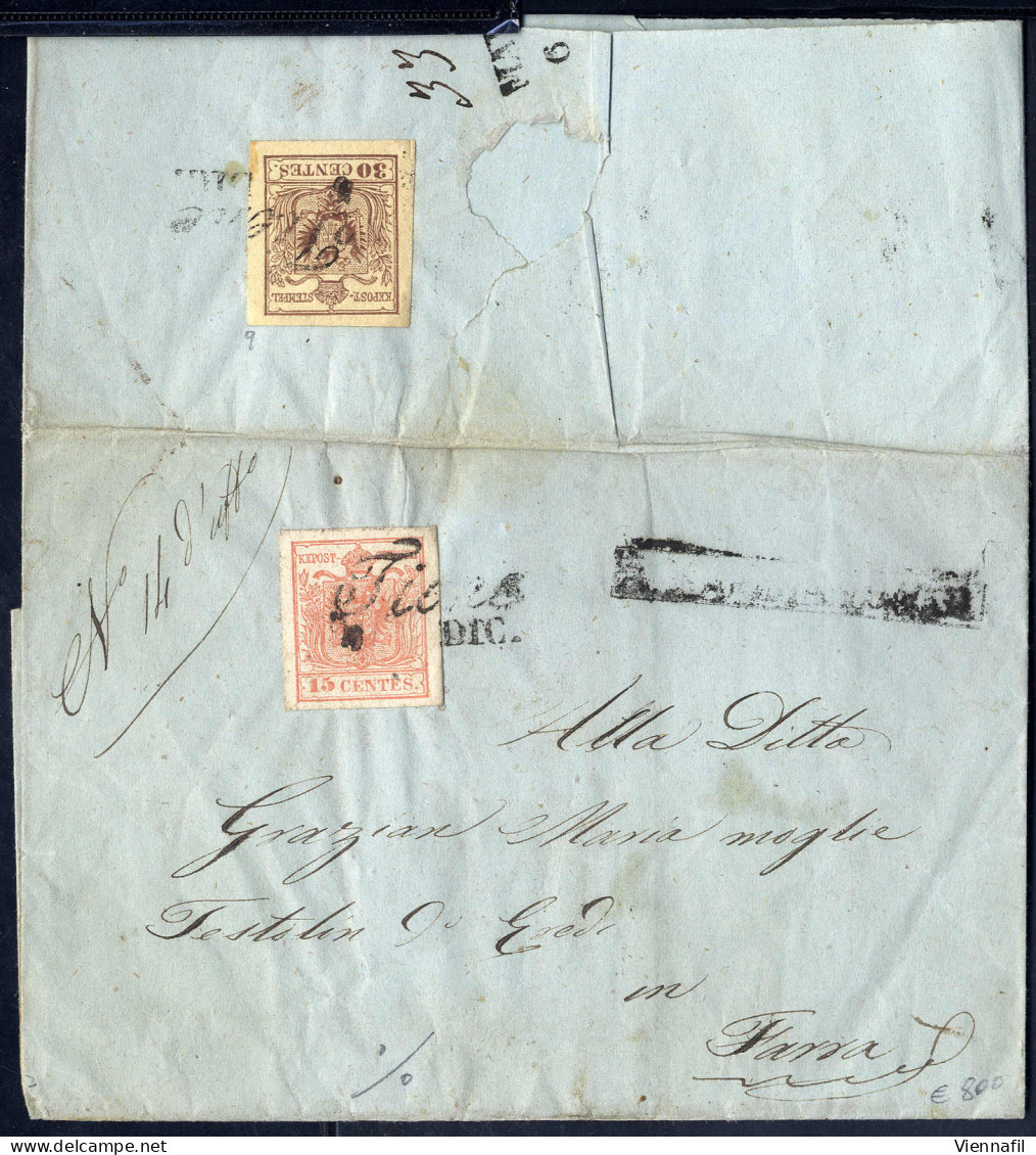 Cover 1854, Raccomandata Da Tiene Affrancata Con 15 Cent. Sul Fronte E 30 Cent. Al Verso, Annullo "RACCOMANDATA" Sul Fro - Lombardo-Vénétie