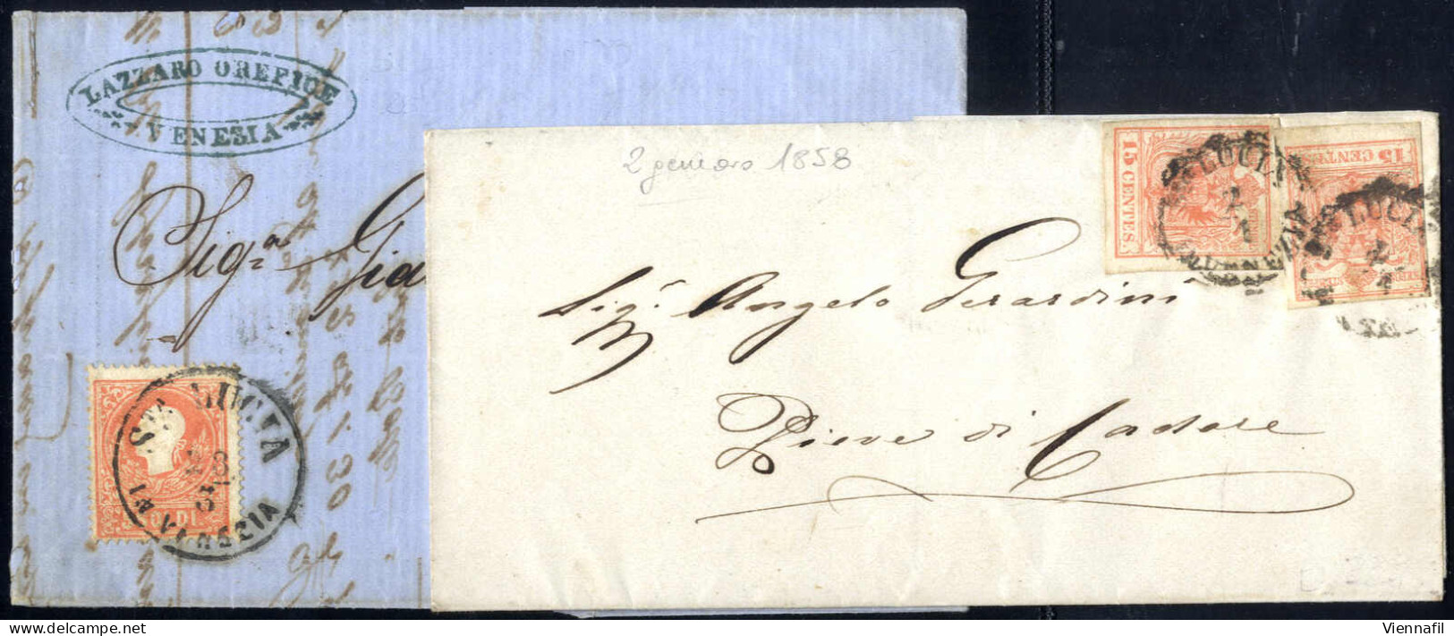 Cover 1858/60, 2 Lettere Con Il Bollo Della Statione "S.ta Lucia In Venezia" Nei Due Tipi, Una Affrancata Con Due 15 C.  - Lombardy-Venetia