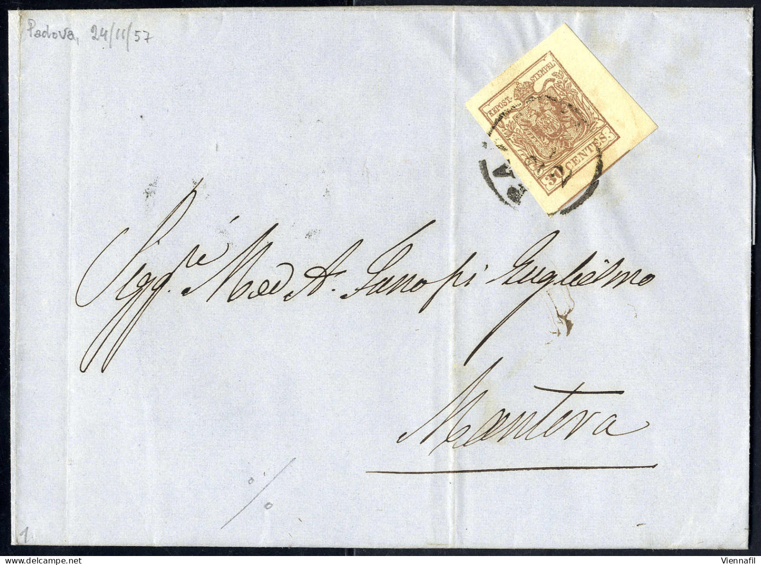 Cover 1854, 30 Cent., Carta A Macchina, Bordo Di Foglio A Destra, Su Lettera Da Padova (Sass. 21 - ANK 4MIII) - Lombardo-Venetien