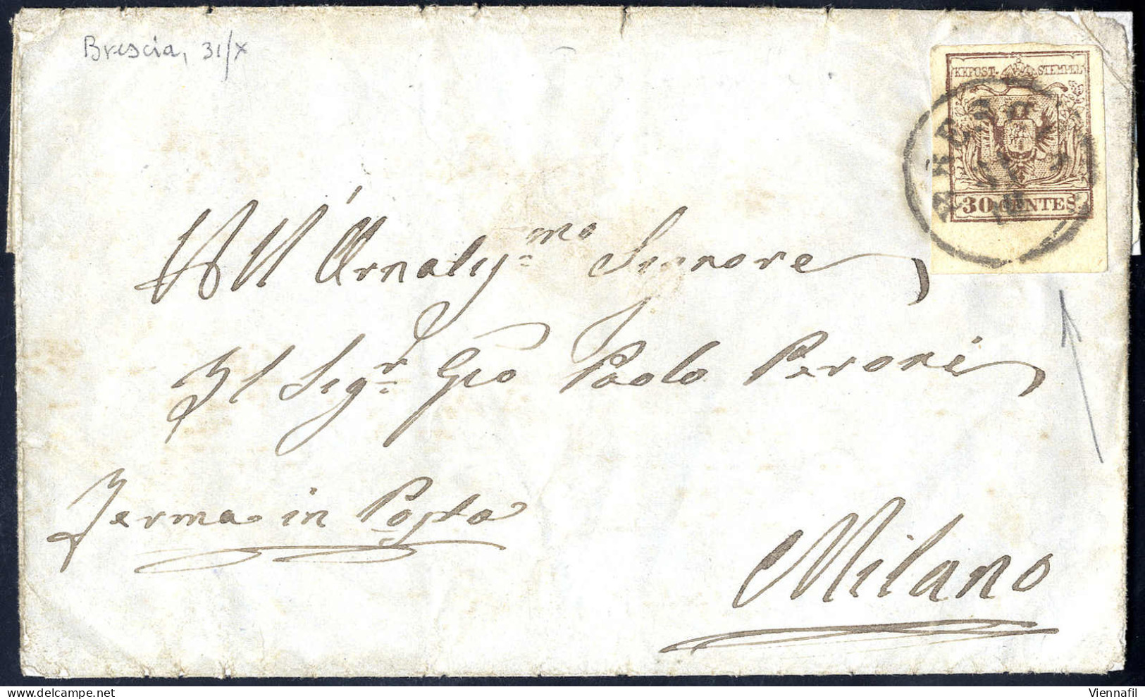 Cover 1854, 30 Cent., Carta A Macchina, Bordo Di Foglio In Basso, Su Lettera Da Brescia (Sass. 21 - ANK 4MIII) - Lombardo-Vénétie