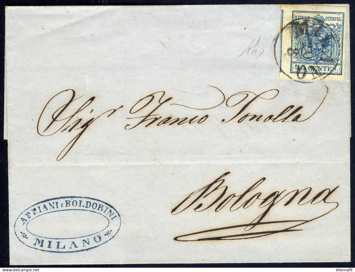 Cover 1850, Lettera Della Terza Distanza Per L' Estero, Da Milano Per Bologna Affrancata Con 45 Cent. Azzurro (Sass. 22) - Lombardy-Venetia