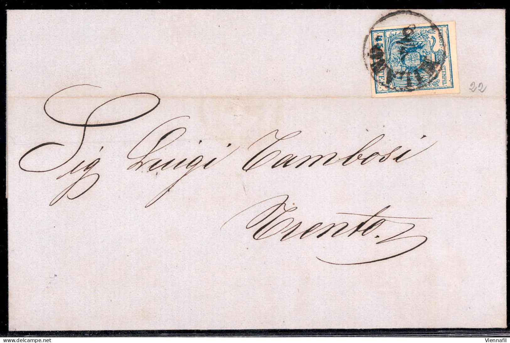 Cover 1854, 45 Cent. Azzurro, Carta A Macchina, Su Lettera Da Milano (Sass. 22) - Lombardo-Vénétie