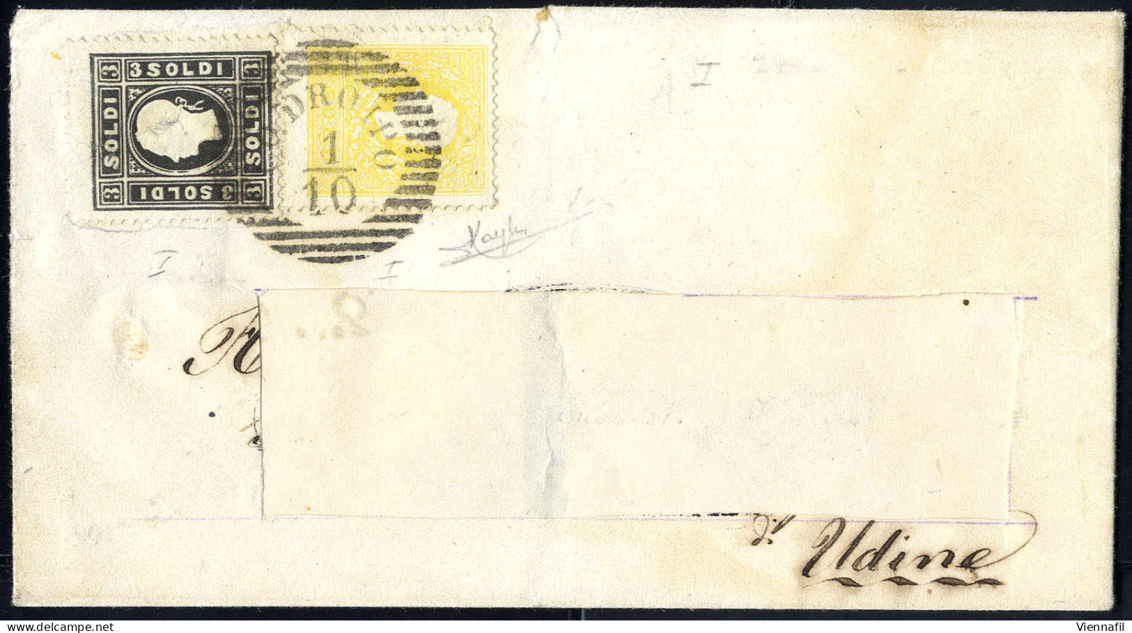 Cover 1858, 2 Soldi Giallo + 3 Soldi Nero, Entrambi Del Primo Tipo Su Lettera (indirizzo Ritagliato) Per Udine, Cert. Ra - Lombardy-Venetia