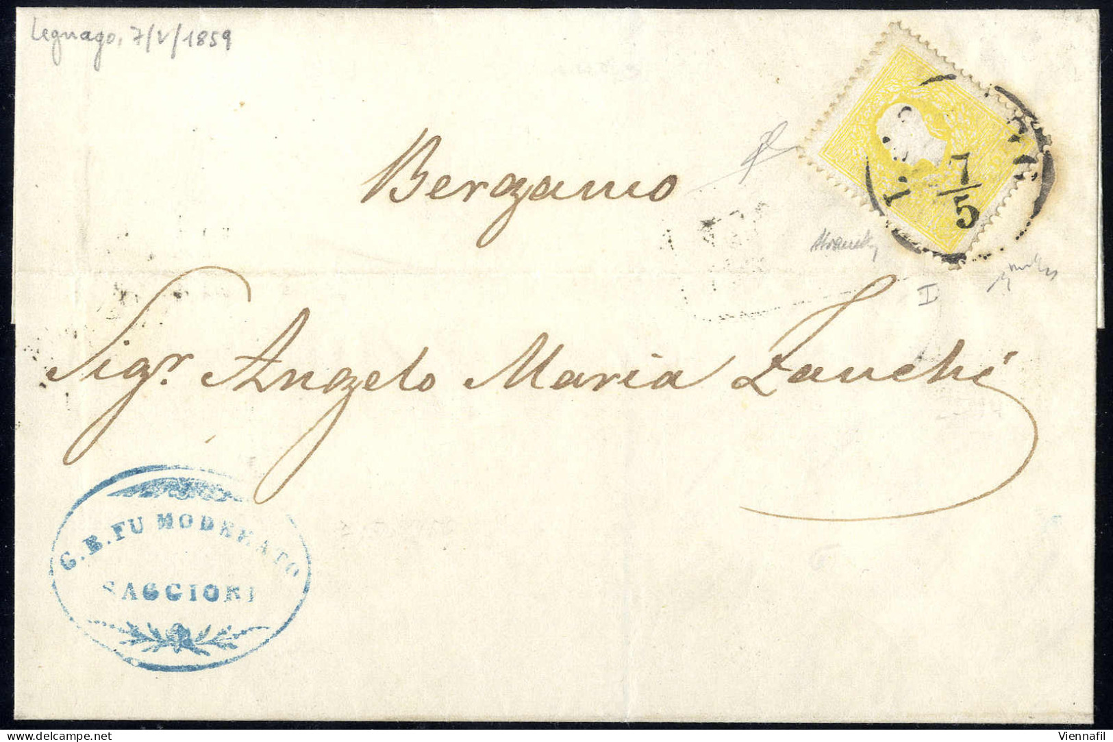 Cover 1858, 2 Soldi Giallo, Primo Tipo, Su Circolare Da Legnago 7.5.1859, Cert. E. Diena (Sass. 23 - ANK 6I) - Lombardo-Vénétie