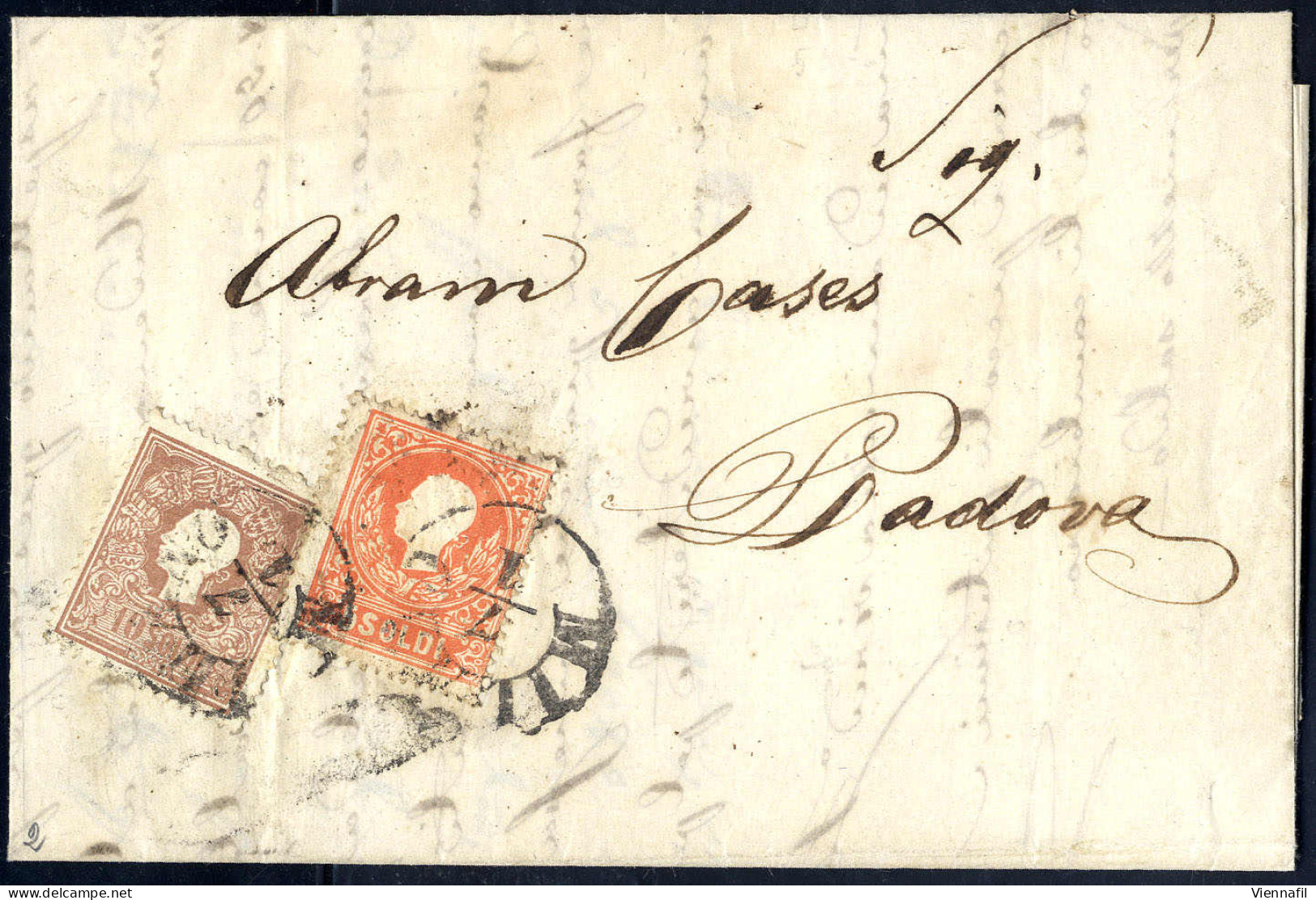 Cover 1858, 5 Soldi Rosso + 10 Soldi Bruno, Primo Tipo, Su Lettera Della Terza Distanza Da Milano (Sass. 25+26 - ANK 9I+ - Lombardy-Venetia