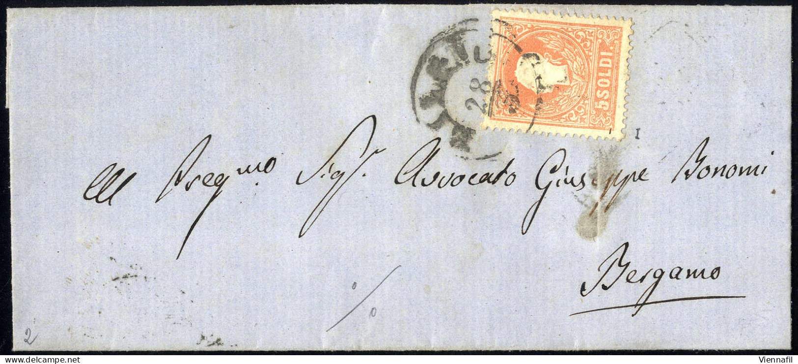 Cover 1858, 5 Soldi Rosso Primo Tipo, Su Lettera Da Milano Il 28.3., Per Bergamo, (Sass. 25 - ANK 9I) - Lombardo-Vénétie