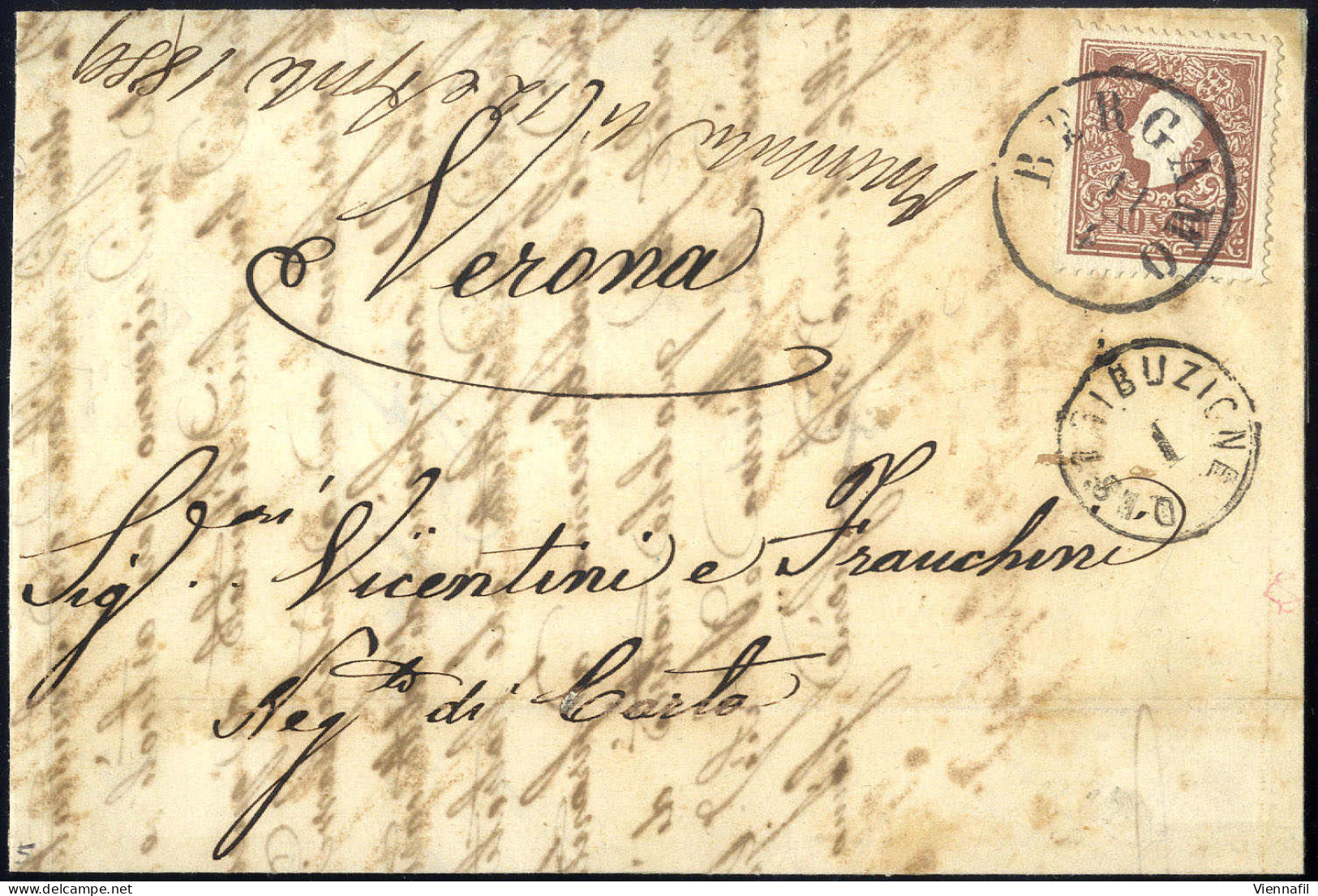 Cover 1858, 10 Soldi Bruno Primo Tipo, Su Lettera Da Bergamo Il 11.4., Per Verona, (Sass. 26 - ANK 10I) - Lombardo-Vénétie