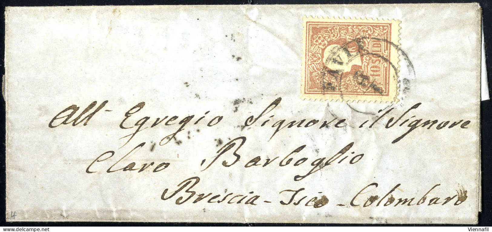 Cover 1858, 10 Soldi Bruno Primo Tipo, Su Lettera Da Pavia Il 3.1., Per Brescia, (Sass. 26 - ANK 10I) - Lombardo-Vénétie