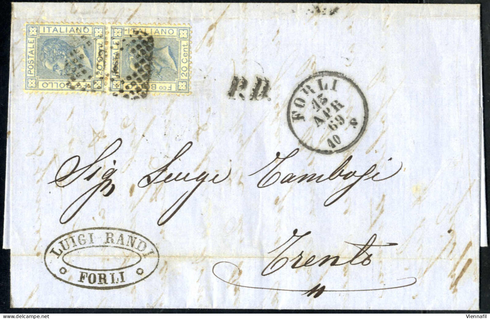 Cover 1869, Lettera Da Forli Il 15.4 Per Trento Affrancata Con Coppia Verticale Vitt. Em. II 20 C. Azzurro, Sul Verso Bo - Lombardy-Venetia