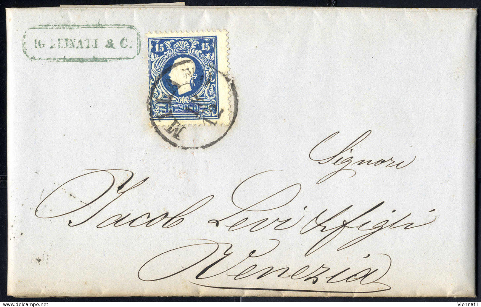 Cover 1858, 15 Soldi Azzurro, Primo Tipo Su Lettera Da Milano (Sass. 27 / 1000, - ANK 11I) - Lombardo-Vénétie