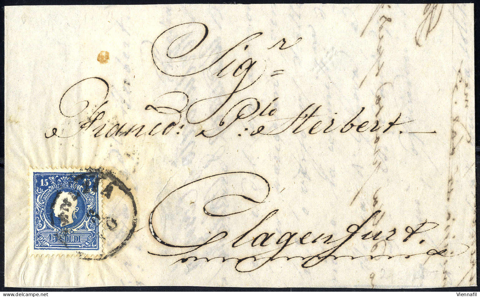 Cover 1859, 15 Soldi Azzurro Secondo Tipo, Su Lettera Da Venezia Il 8.10., Per Klagenfurt (Austria), (Sass. 32 - ANK 11I - Lombardije-Venetië